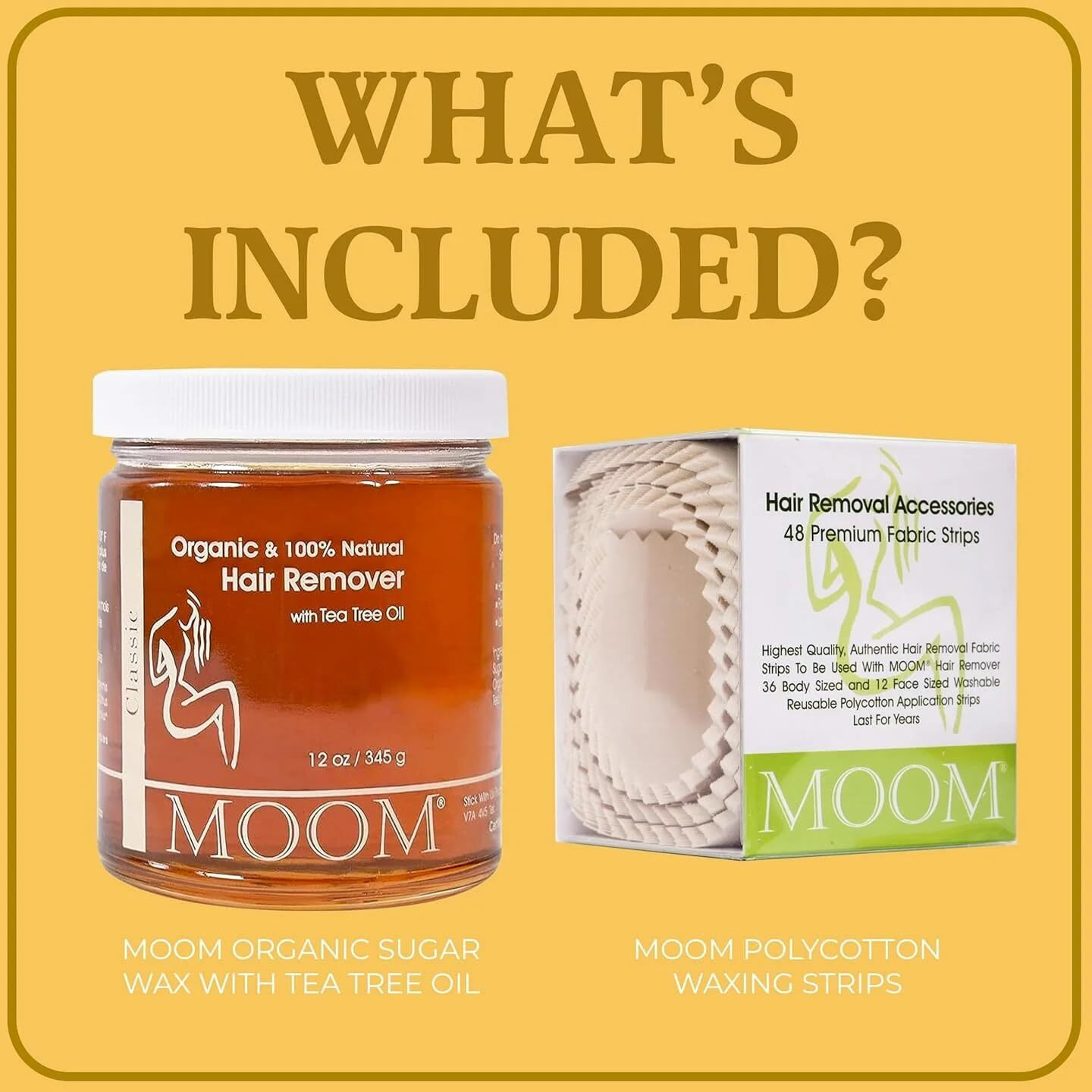 Moom Organic Sugar Wax With Tea Tree Oil (12 Oz) + 48 Reusable Polycotton Waxing Strips - Gentle Hair Removal Kit For Face, Bikini, Legs & Body - Natural & Vegan For Women & Men (Sticks Not Included)