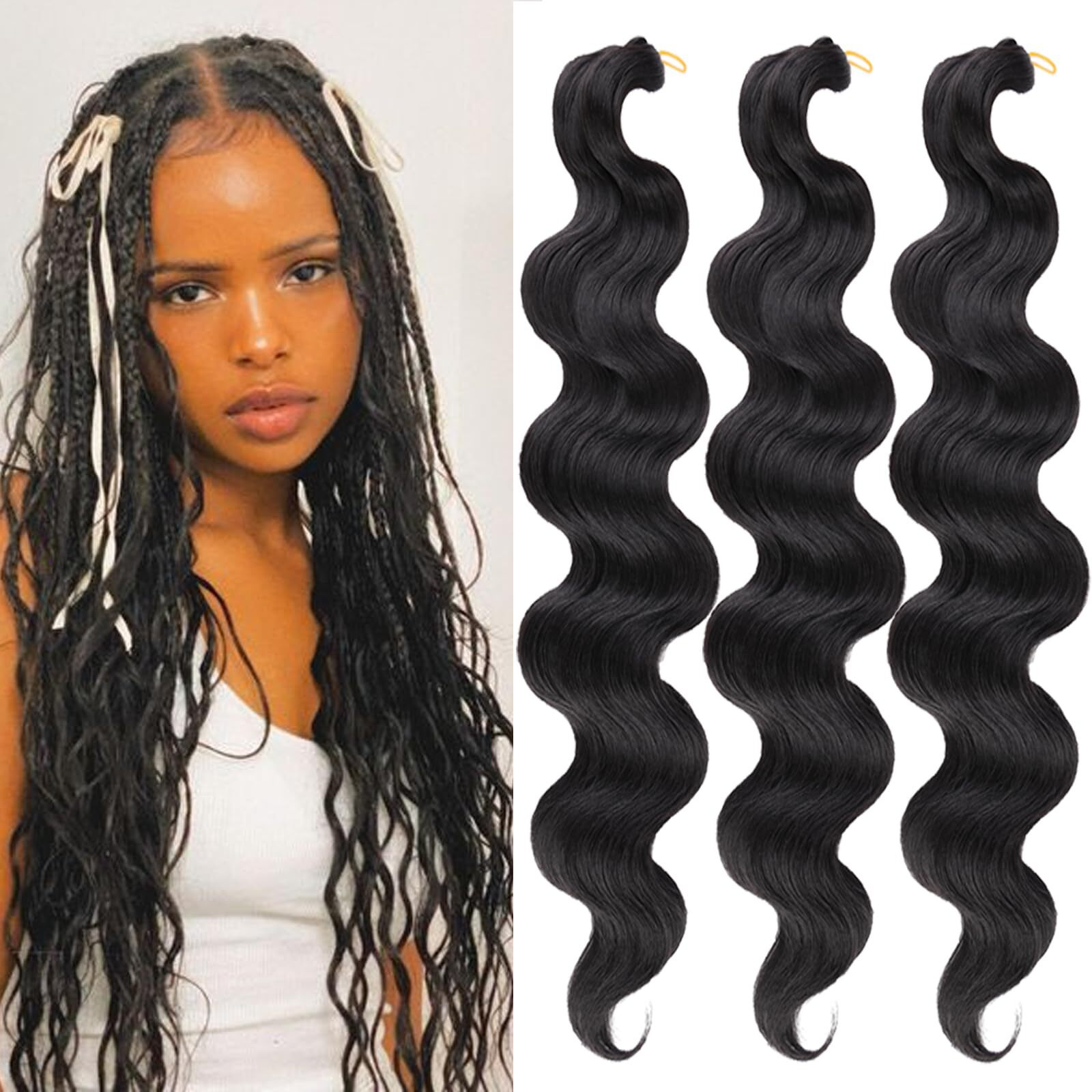 Unionbeauty Body Wave Braiding Hair 18 Inch 3 Pack Pre-Feathered Braiding Hair Black Boho Box Braids For Goddess Box Braids Hair Deep Wave Crochet Hair Synthetic Hair Extension Crochet Braids (1B)