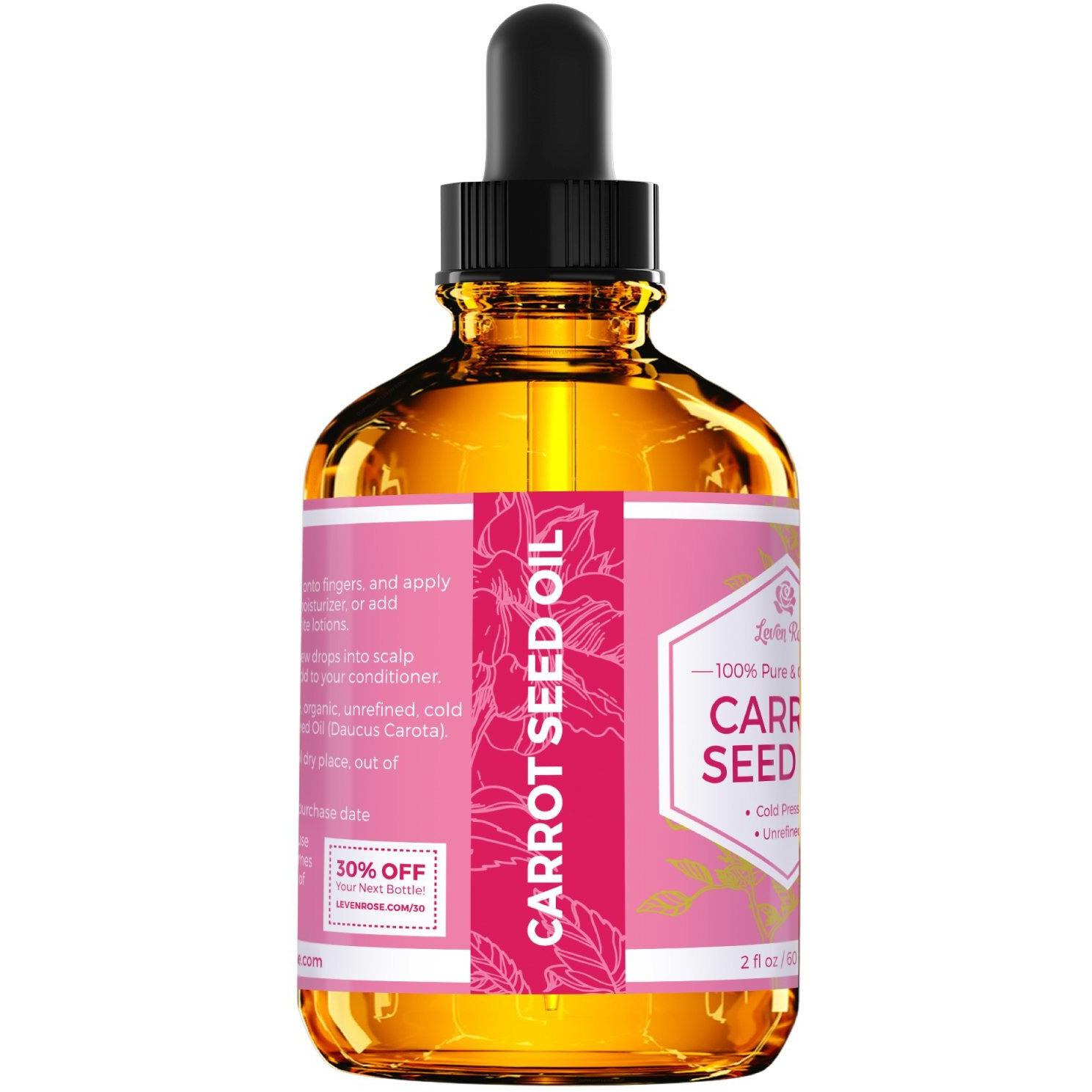 Carrot Seed Oil By Leven Rose, 100% Pure Unrefined Cold Pressed Moisturizer For Hair Skin And Nails 2 Oz