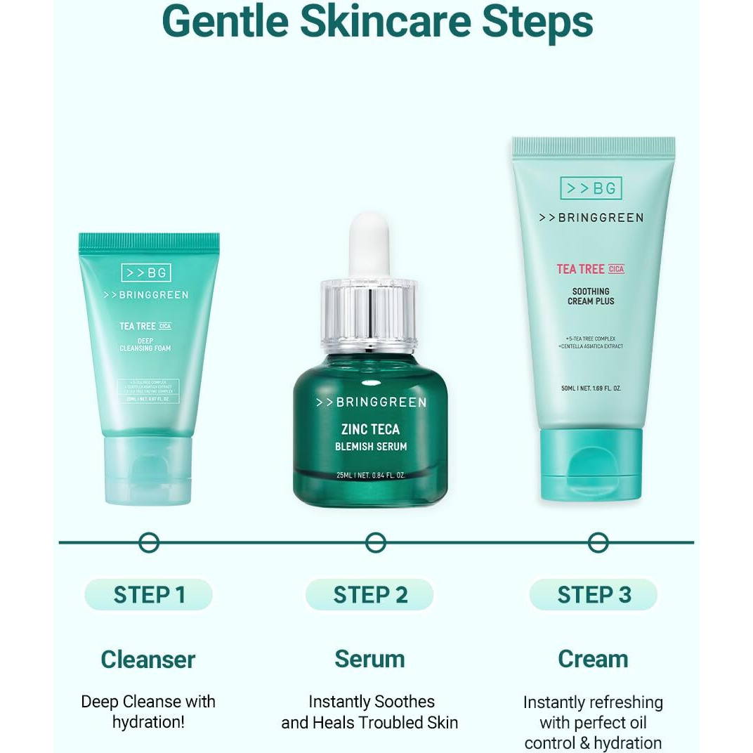 Bring Green Tea Tree Cica Set | Korean Skin Care Kit For Acne-Prone, Sensitive Skin | Zinc Teca Serum, Tea Tree Hydrating Moisturizer & Deep Cleansing Foam | Oil Control & Pore Care | K-Beauty Gift