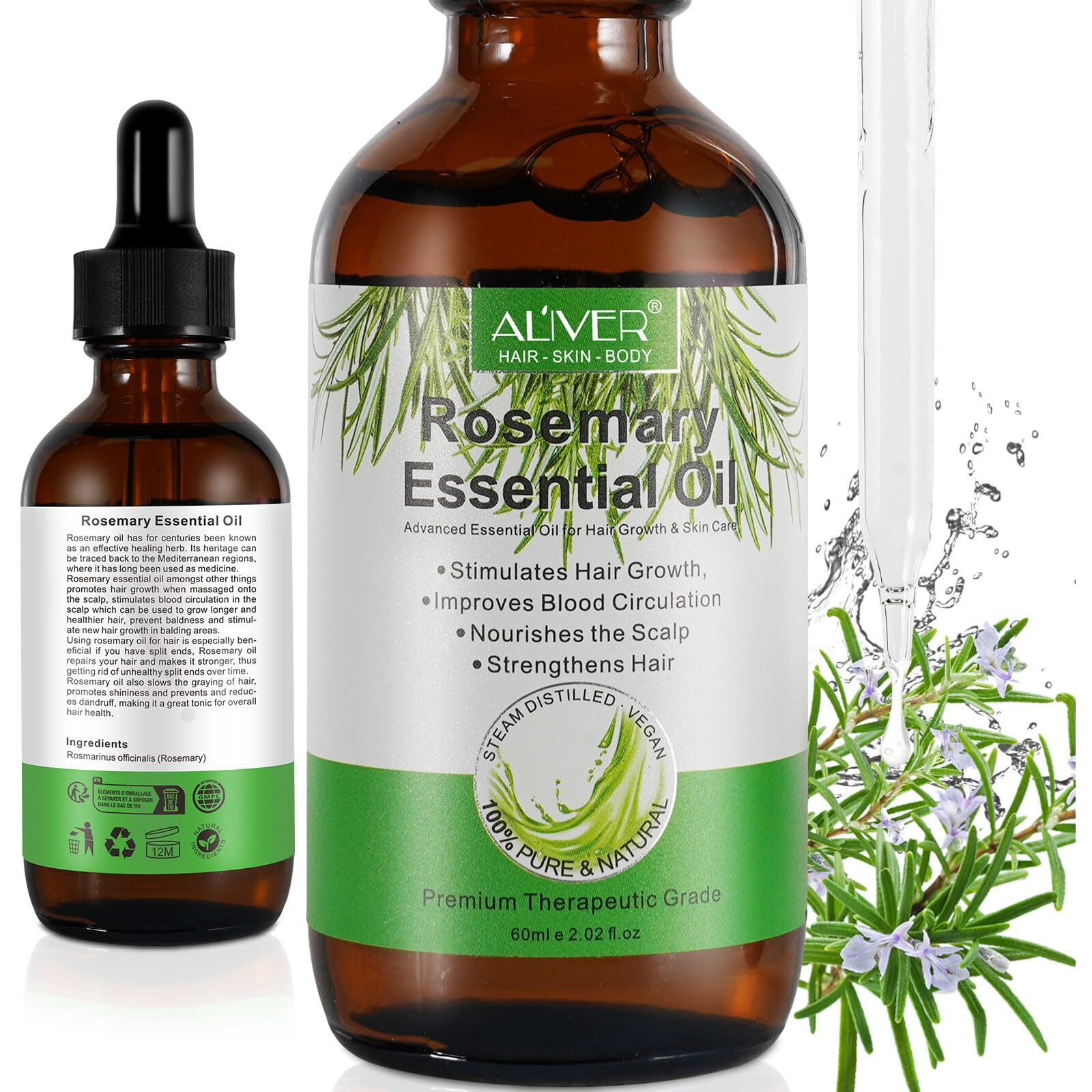 Rosemary Oil For Hair Growth, Natural Essential Oil With Aromatic Experience, Organic Pure Rosemary Essential Oil For Beard Growth, Eyelash Care, Nourishes The Scalp, Skin Care - 2.02 Fl Oz