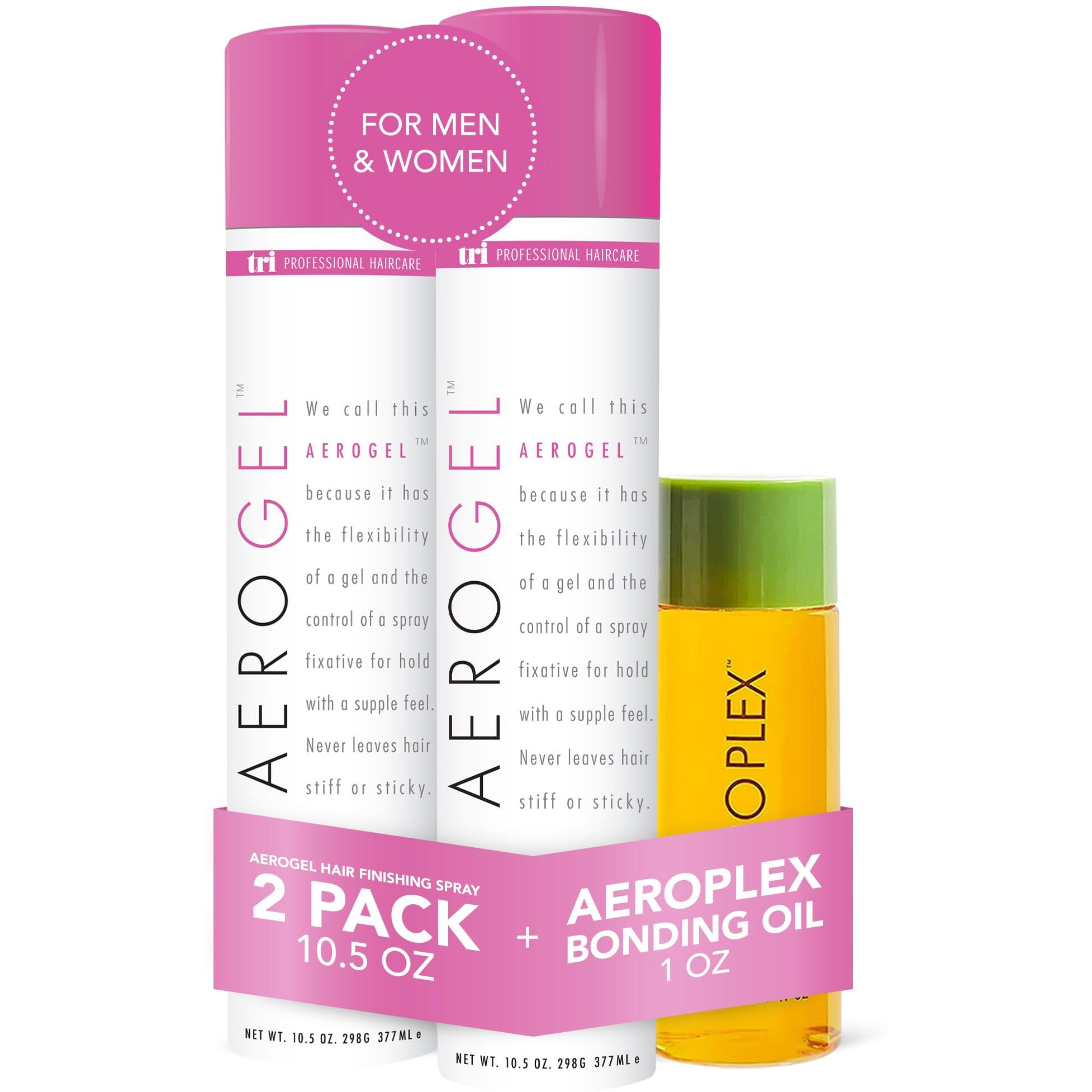 Tri Design Aerogel Hairspray & Aeroplex Bonding Oil Bundle - Hair Finishing Spray For Volumizing, Control, Repair & Prevent Breakage For Dry, Damaged & Frizzy Hair - Pack Of 3 (10.5 Oz & 1 Oz)