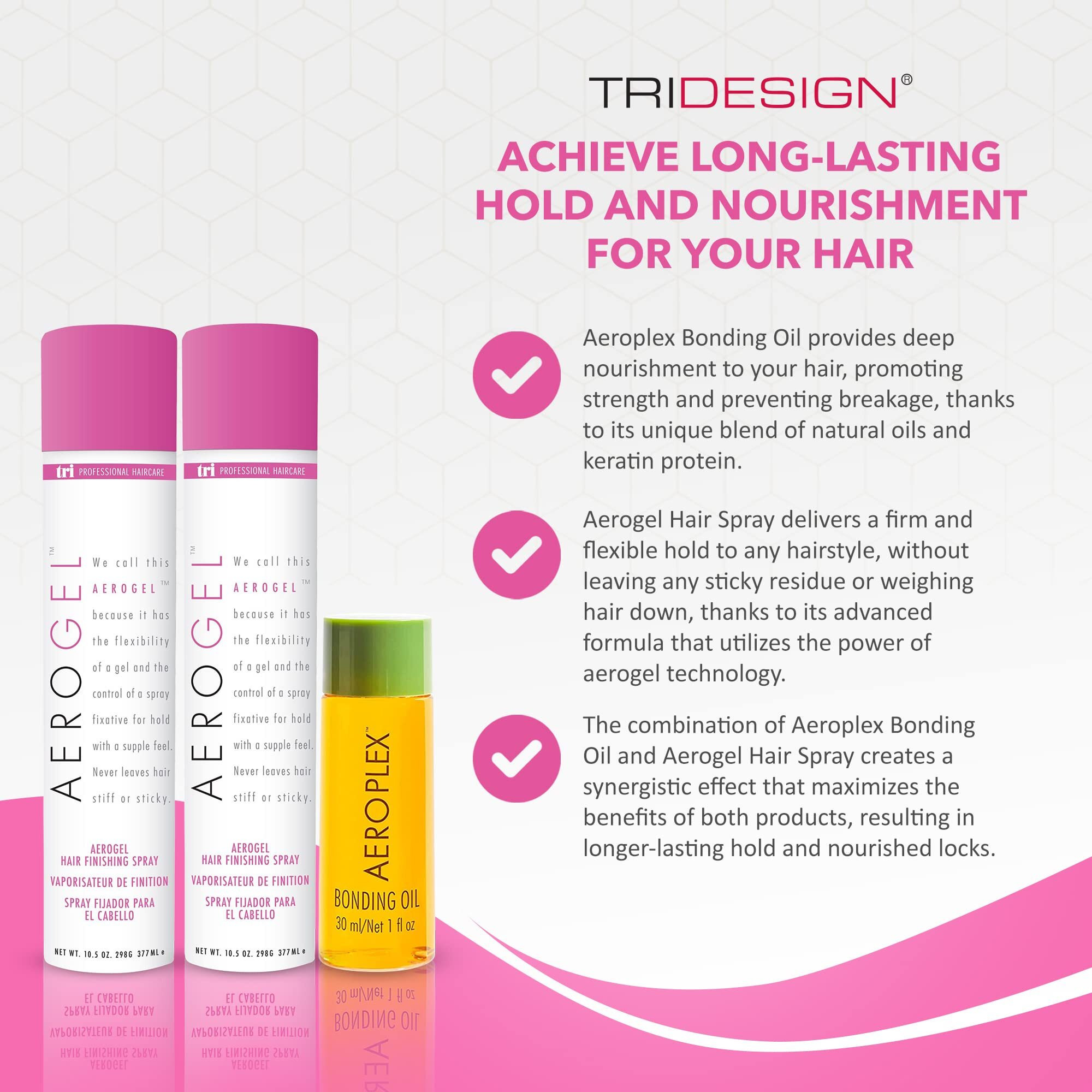Tri Design Aerogel Hairspray & Aeroplex Bonding Oil Bundle - Hair Finishing Spray For Volumizing, Control, Repair & Prevent Breakage For Dry, Damaged & Frizzy Hair - Pack Of 3 (10.5 Oz & 1 Oz)