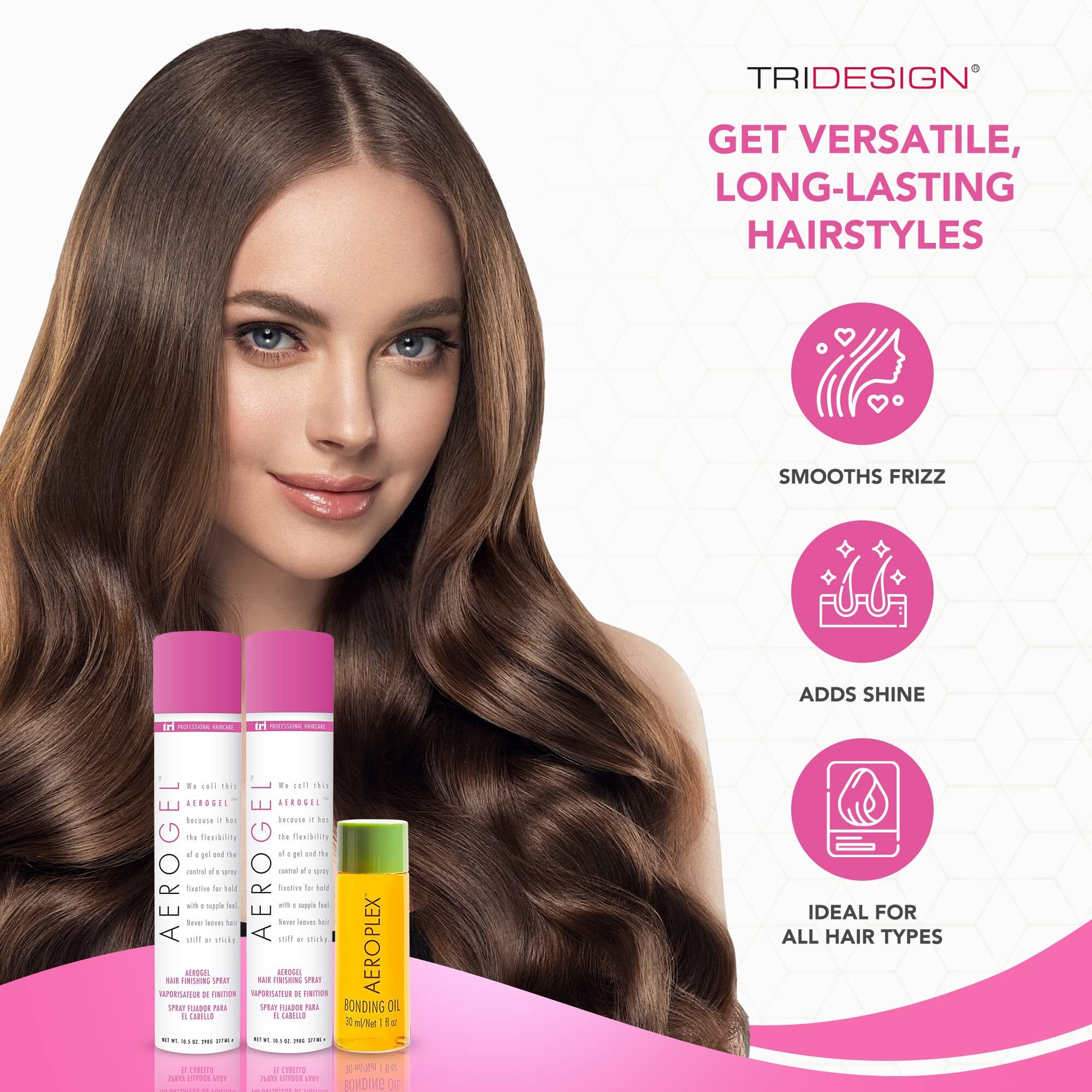 Tri Design Aerogel Hairspray & Aeroplex Bonding Oil Bundle - Hair Finishing Spray For Volumizing, Control, Repair & Prevent Breakage For Dry, Damaged & Frizzy Hair - Pack Of 3 (10.5 Oz & 1 Oz)