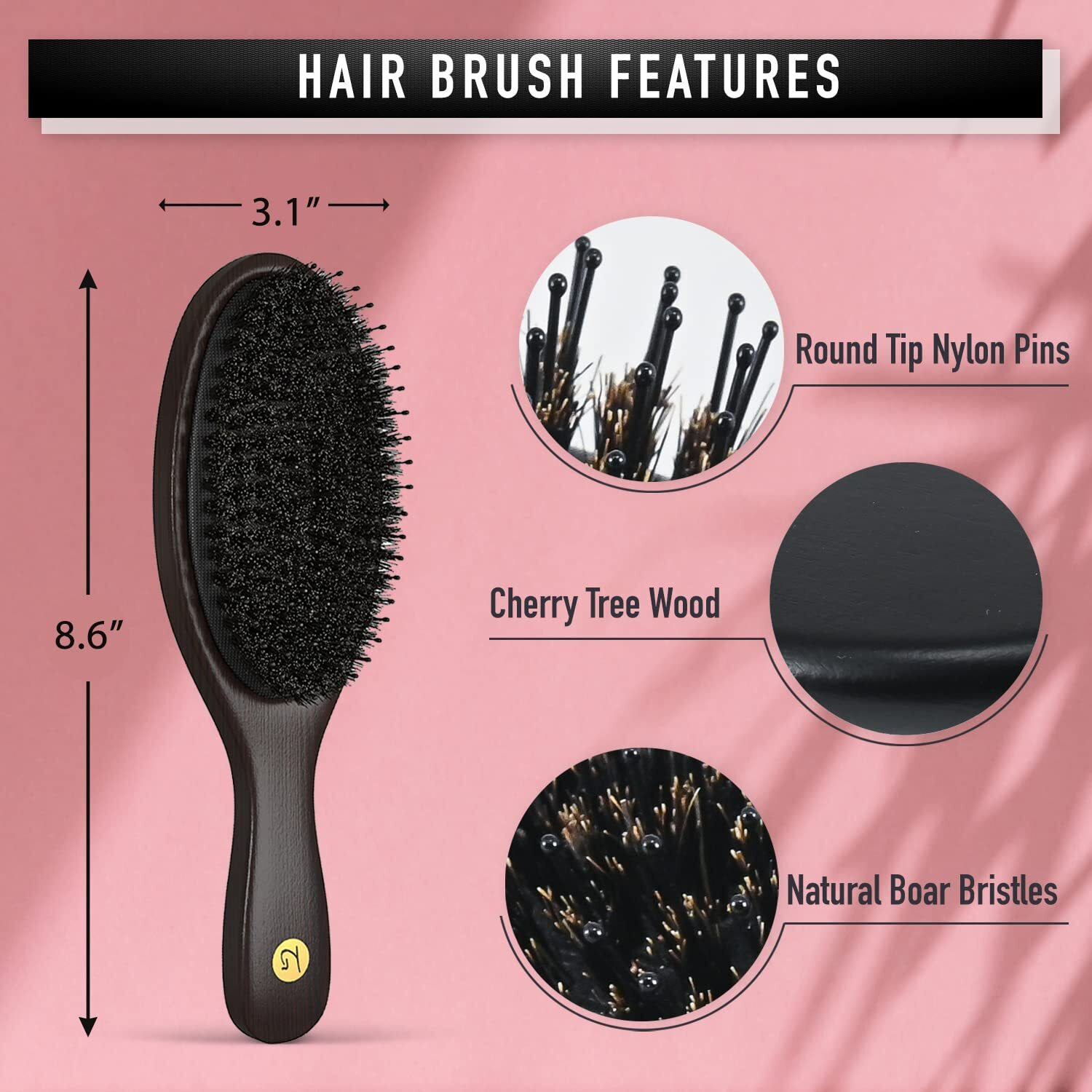 Hair Brush For Men And Women - Natural Boar Bristle Hairbrush Distributes Hairs Natural Oils For Shine, Nylon Pins For Soft Scalp Massage & Circulation - Stylist Recommended For Healthy, Soft Hair