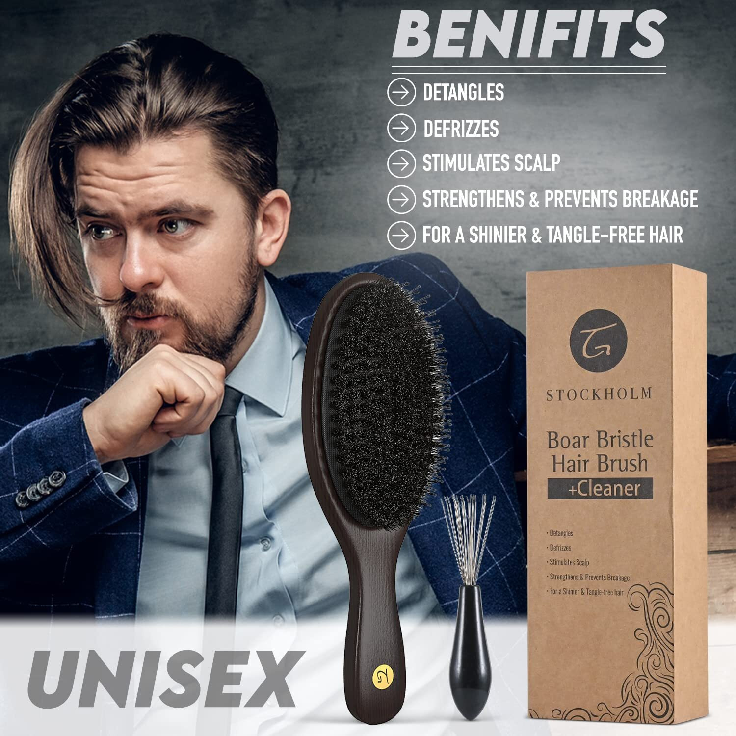 Hair Brush For Men And Women - Natural Boar Bristle Hairbrush Distributes Hairs Natural Oils For Shine, Nylon Pins For Soft Scalp Massage & Circulation - Stylist Recommended For Healthy, Soft Hair