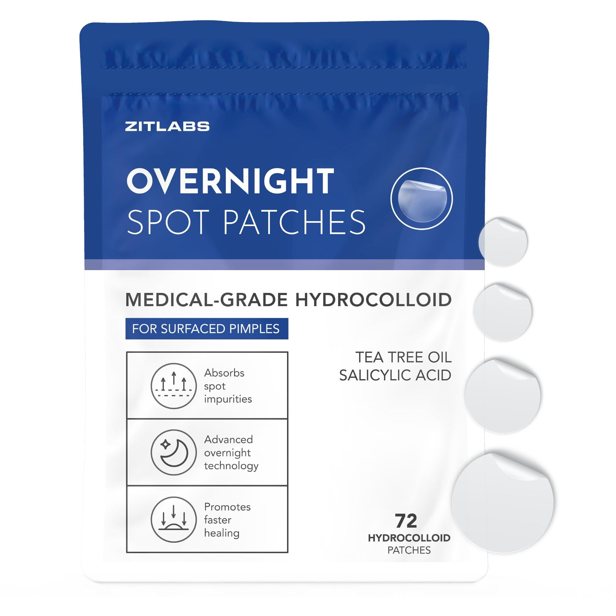 Zitlabs Pimple Patches For Face | Hydrocolloid Acne Patches With Tea Tree Oil & Salicylic Acid | For Zits, Blemishes, Breakouts | Medical-Grade Hydrocolloid | Overnight Pm Patches | Pack Of 72