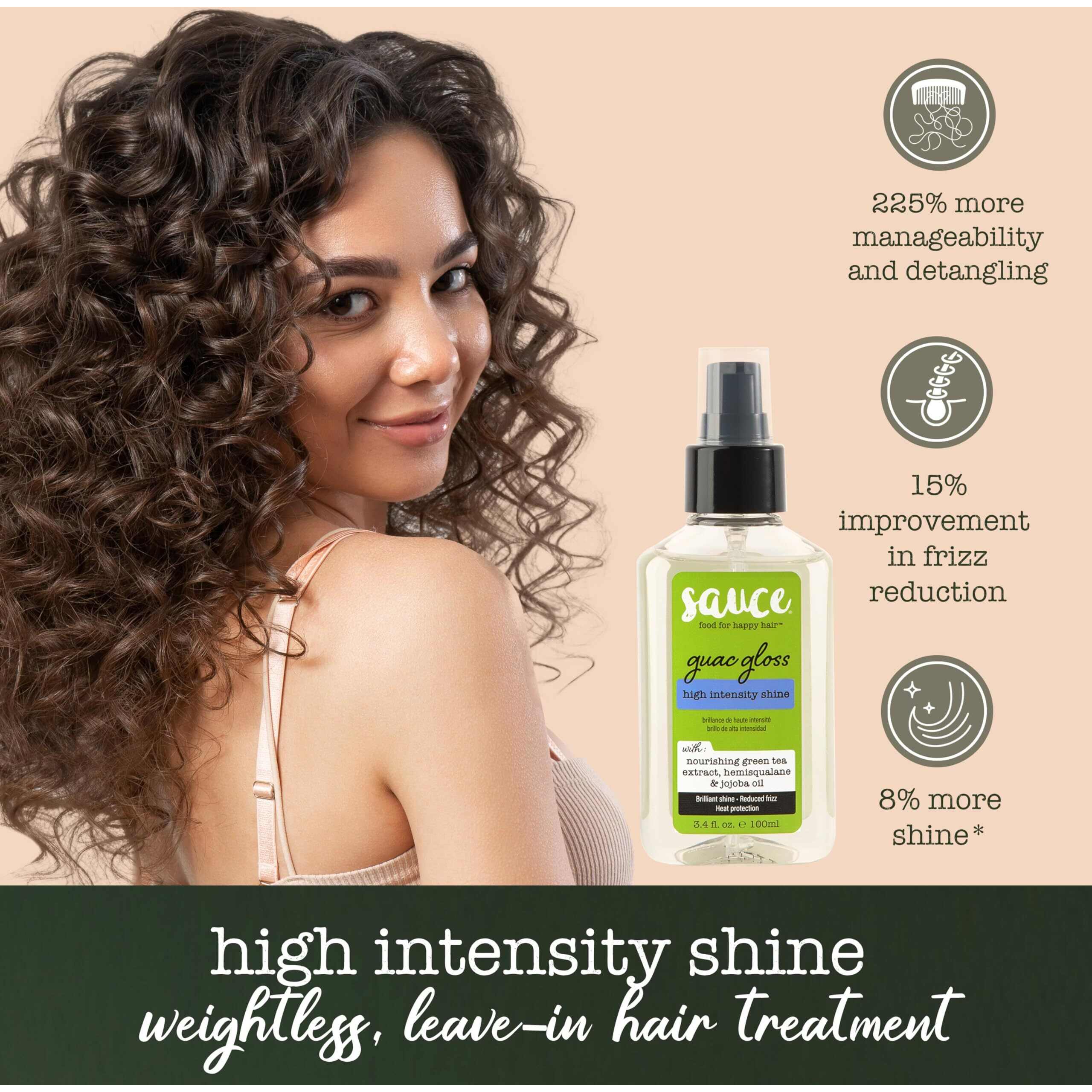 Sauce Beauty Guac Hair Gloss, 3 Fl Oz High Intensity Shine, Jojoba Oil, Green Tea Extract & Squalane To Smooth, Boost Shine & Control Frizz For Sleeker, Softer, More Manageable Hair, Vegan Formula