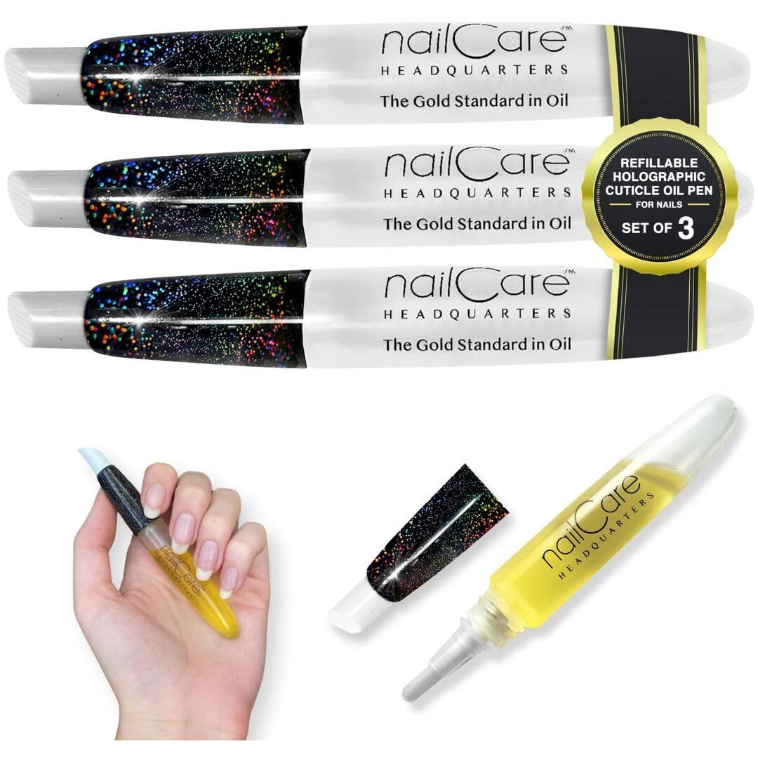 Nail Care Headquarters Refillable Holographic Cuticle Oil Pen For Nails - Empty Holo Squeeze Nail Oil Pen With Brush From By Bliss Kiss 3-Pack