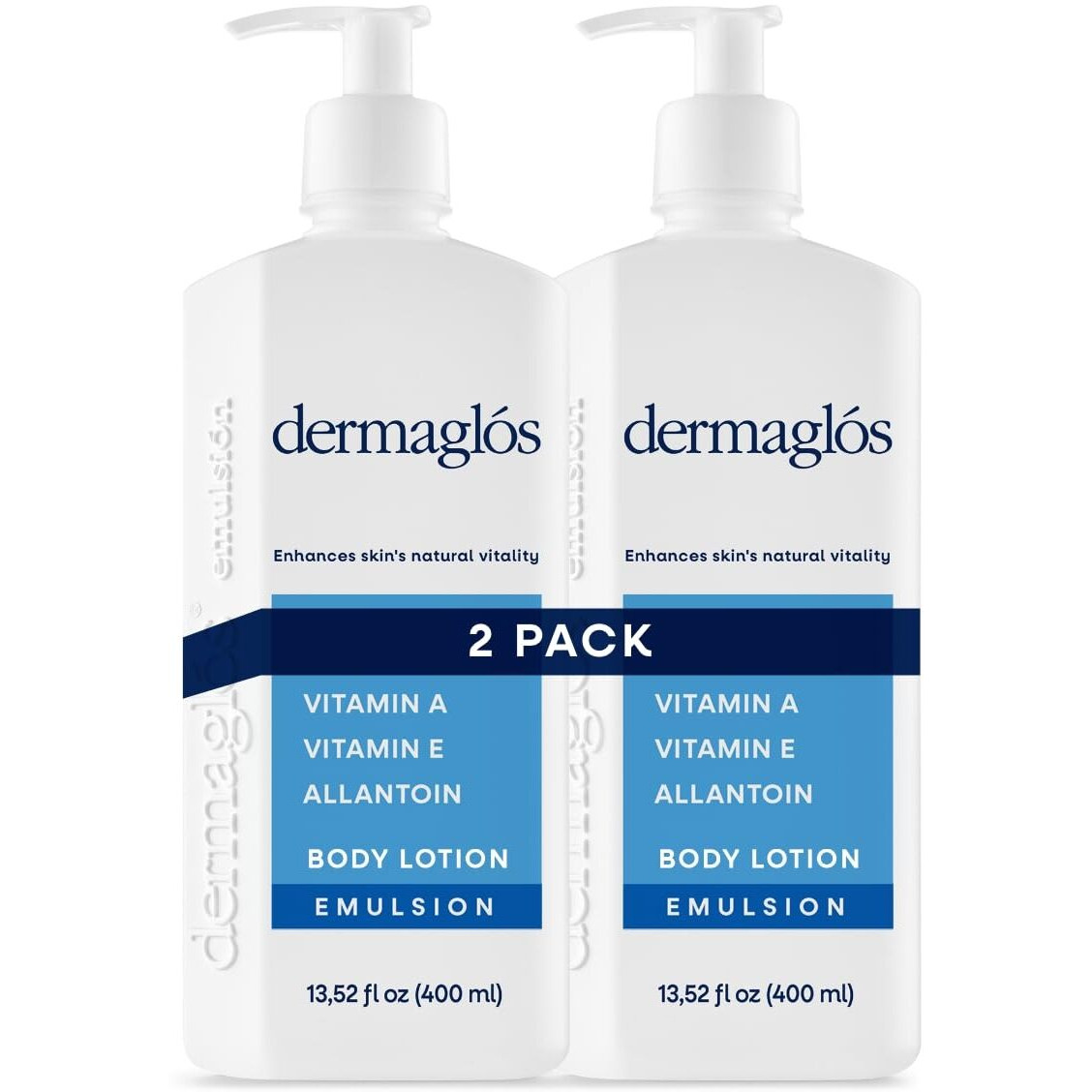 Dermaglos 2-Pack Moisturizing Body Lotion For Dry Skin With Extra Vitamin A, Vitamin E & Allantoin | Hydrating & Regenerating Formula For Stretch Marks, Tattoos, Scars & Wrinkles | 13.52 Fl Oz.