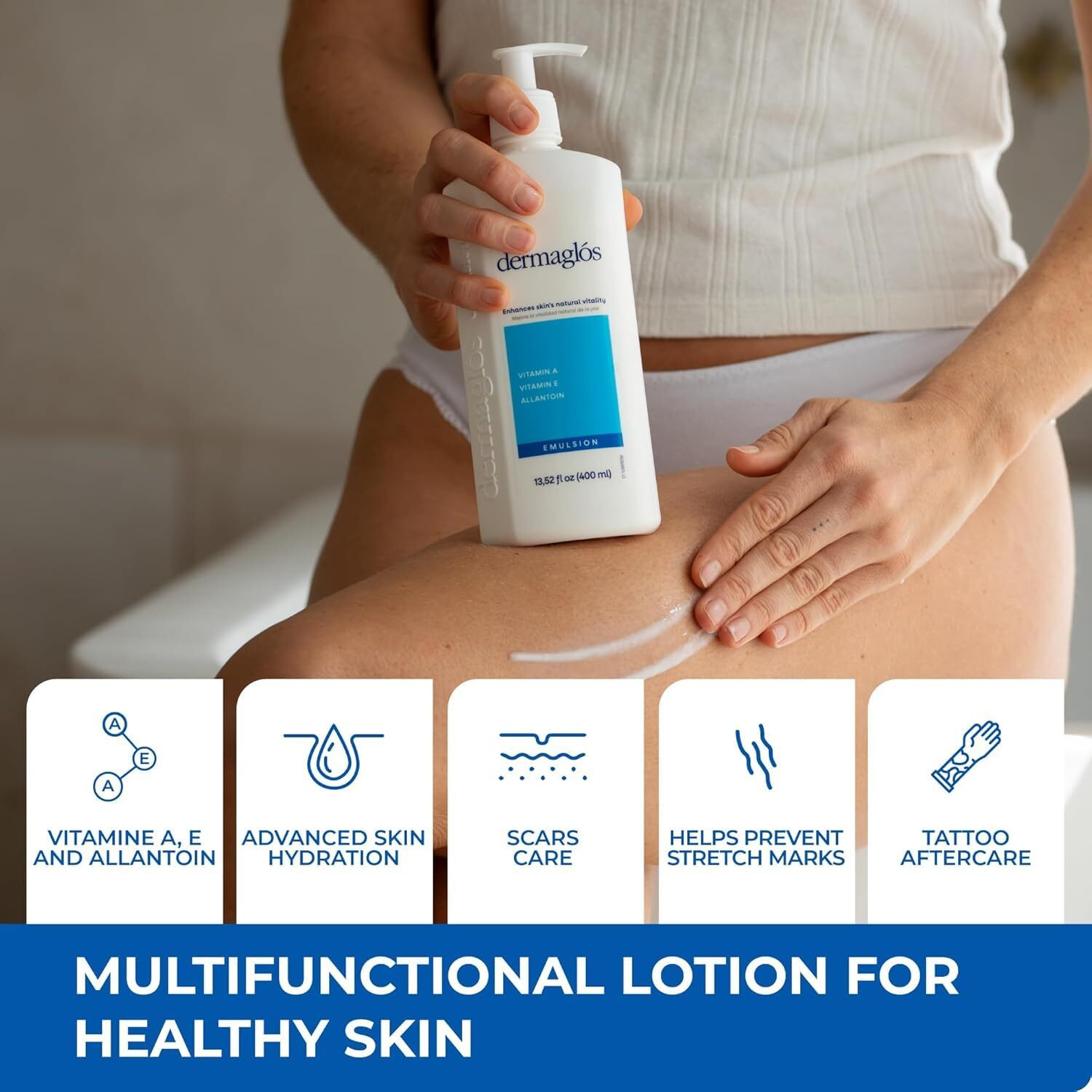 Dermaglos 2-Pack Moisturizing Body Lotion For Dry Skin With Extra Vitamin A, Vitamin E & Allantoin | Hydrating & Regenerating Formula For Stretch Marks, Tattoos, Scars & Wrinkles | 13.52 Fl Oz.