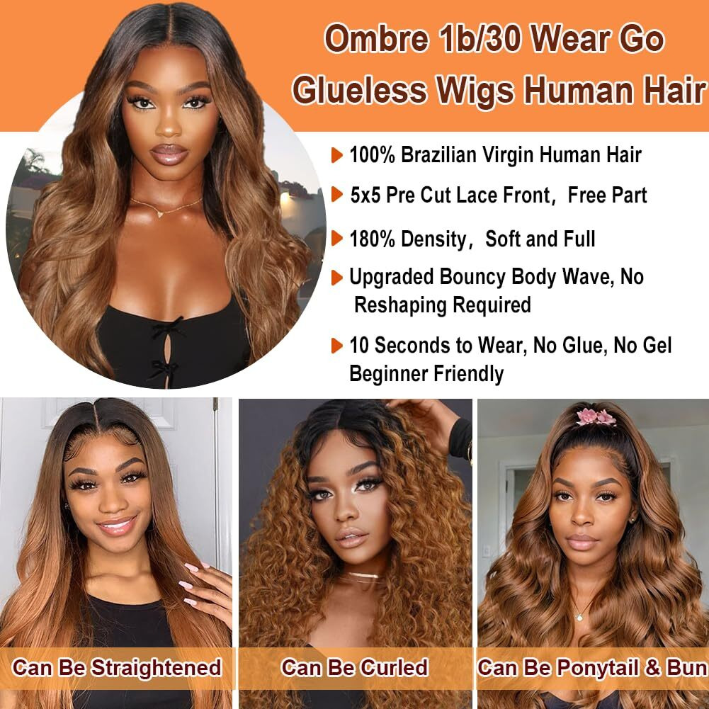Ombre Lace Front Wigs Human Hair 5X5 Pre Plucked Pre Cut Lace Front Wigs Human Hair 5X5 Hd Lace Closure Wigs Human Hair For Women 1B/30 Glueless Bouncy Body Wave Lace Front Wigs 180 Density 18 Inch