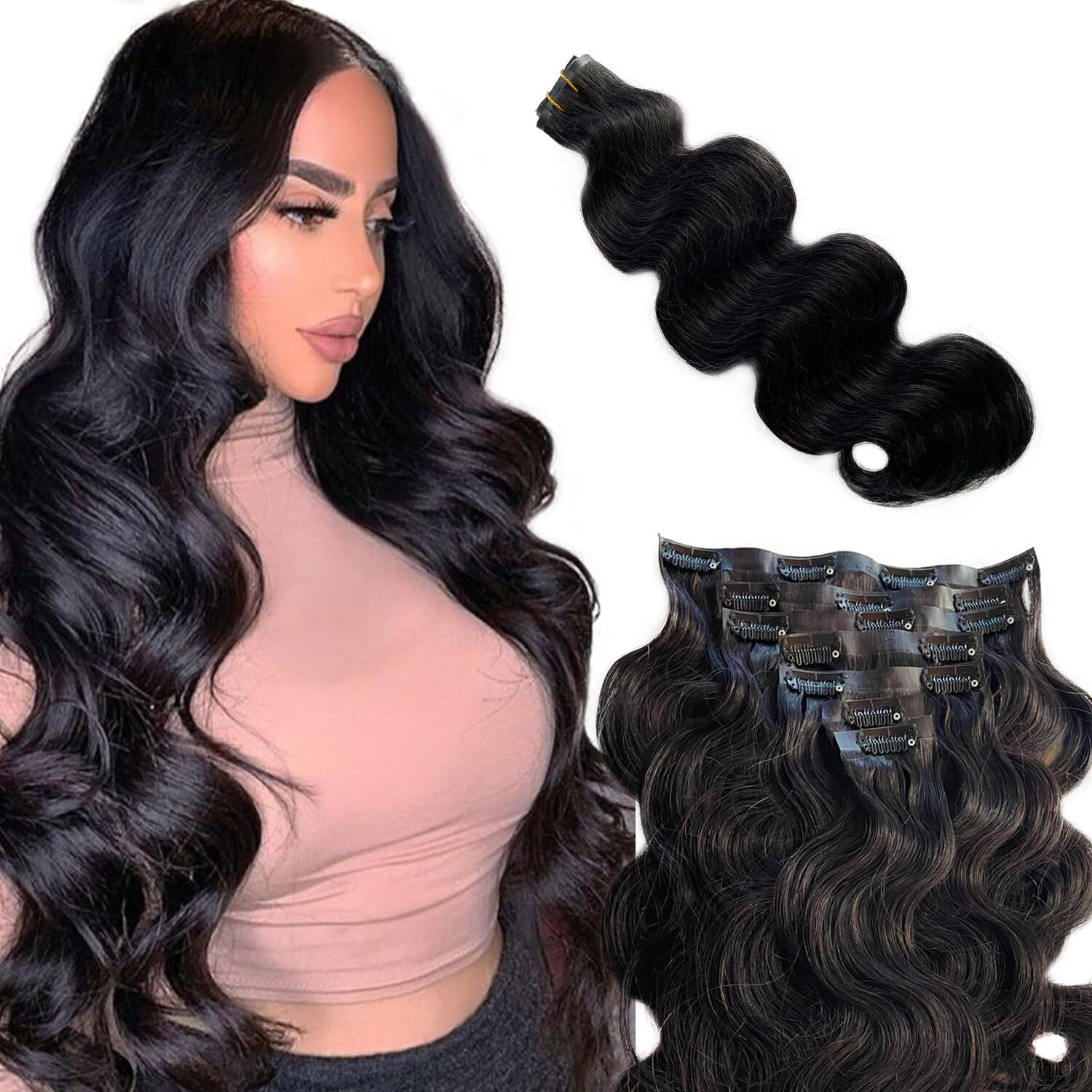 Body Wave Hair Extensions Natural Black Clip In Hair Extension Real Human Hair Clip On Hair Extensions For Women 18 Inch 100G 7 Pcs