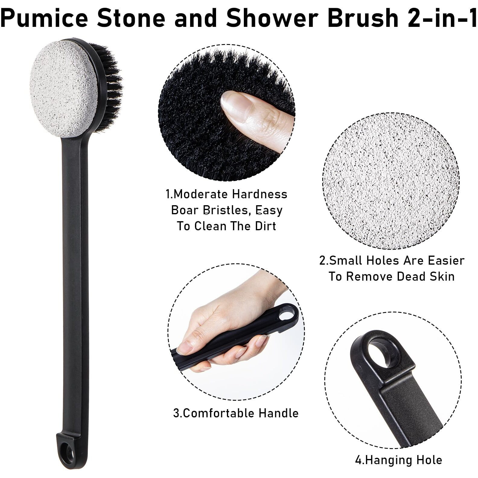Beomeen Pumice Stone For Feet And Shower Brush With Long Handle 14"", Hard Skin Callus Remover, 2 In 1 Foot Scrubber Brush, Back Scrubber Body Brush For Shower Deep Cleansing And Exfoliating (Straight)