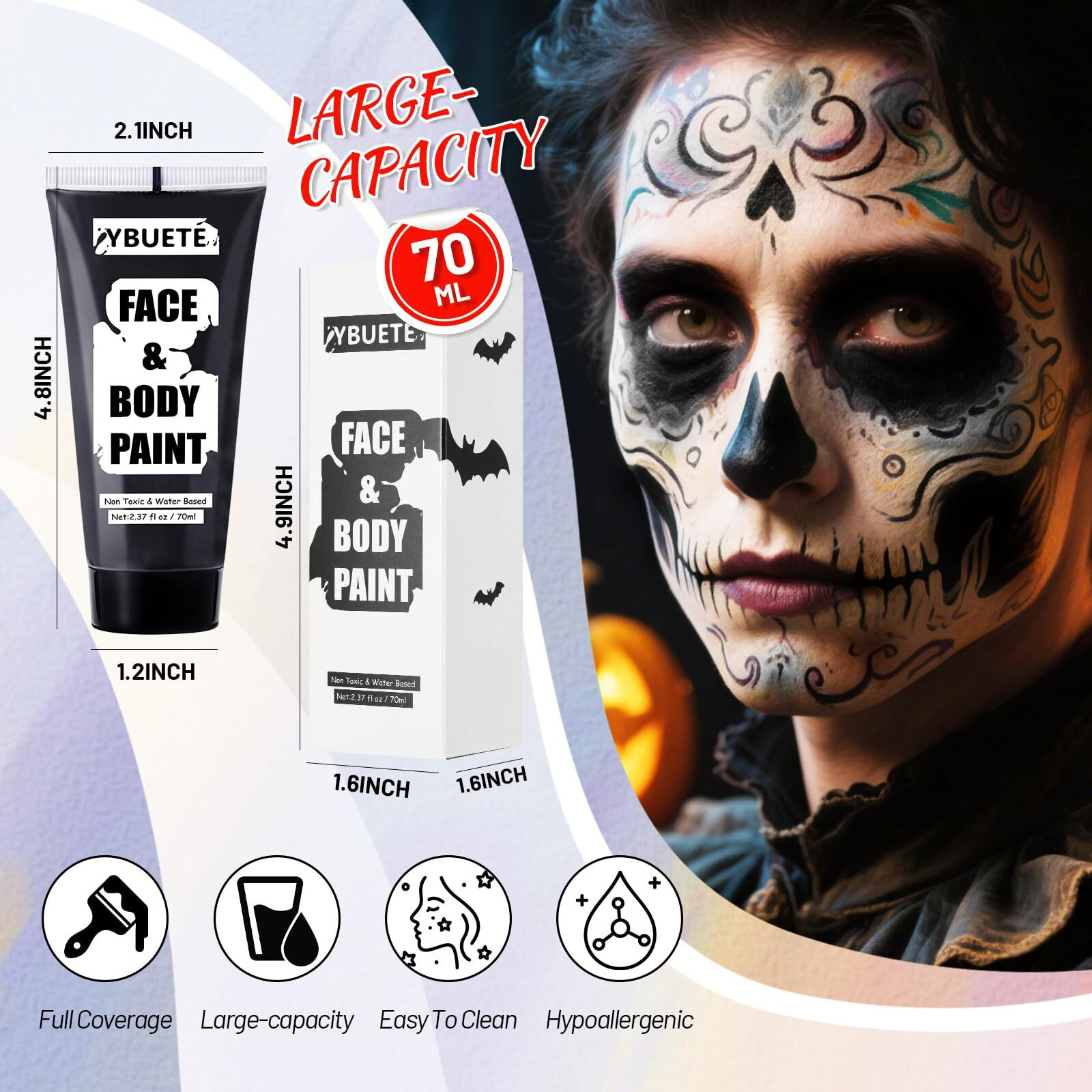 Ybuete Black Water Based Face Body Paint, 2.37 Oz Large Tube Full Coverage Washable Face Paint Cream For Adult Carnival Cosplay Halloween Sfx Skull Joker Zombie Vampire Skeleton Goth Makeup