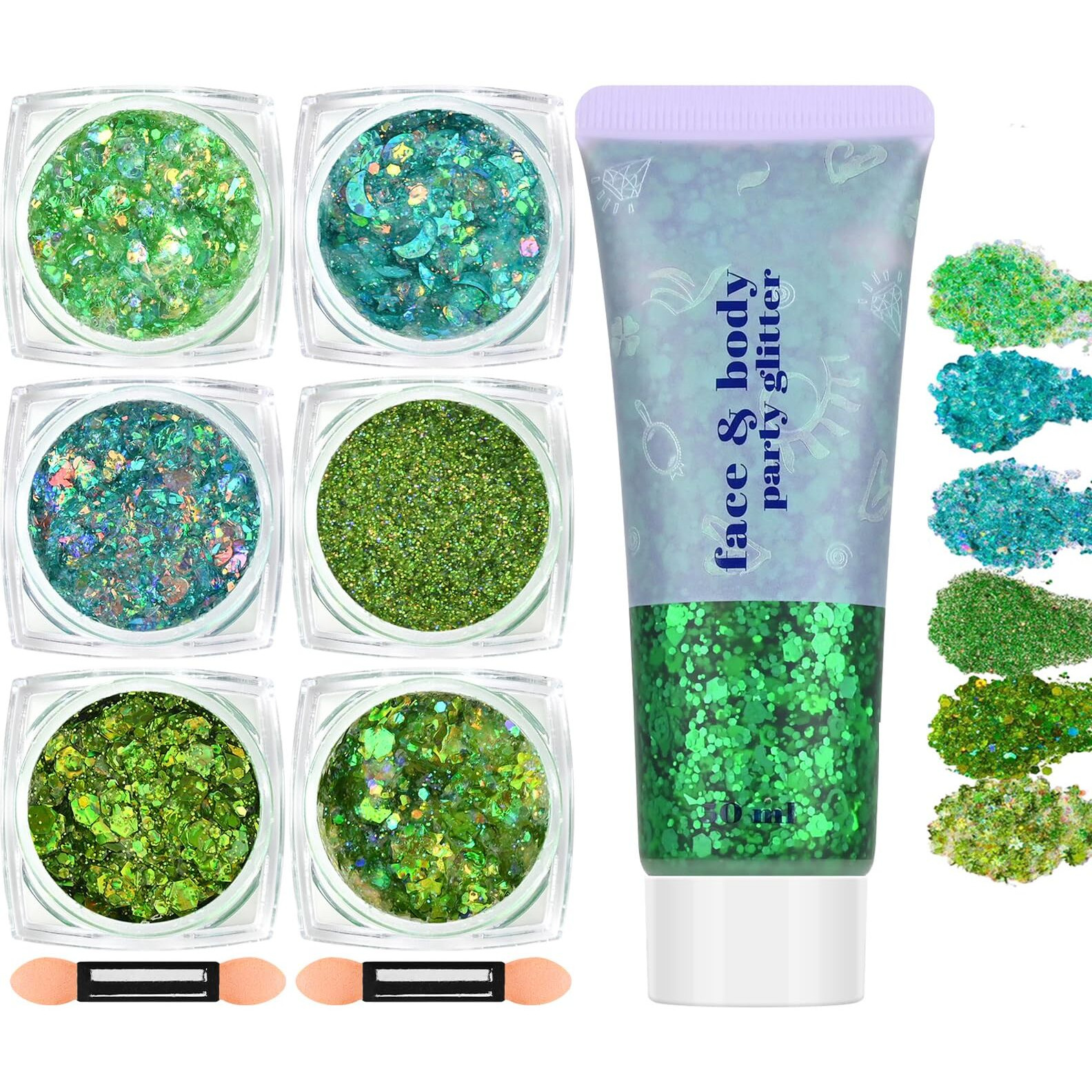 Freeorr Green Face And Body Hair Glitter Gel, Party Concerts Cheer Face Paint Holographic Chunky Festival Rave Accessories Glitter Makeup, 6 Kinds Of Sparkling Sequins For Hair Nail Eye Lip Body