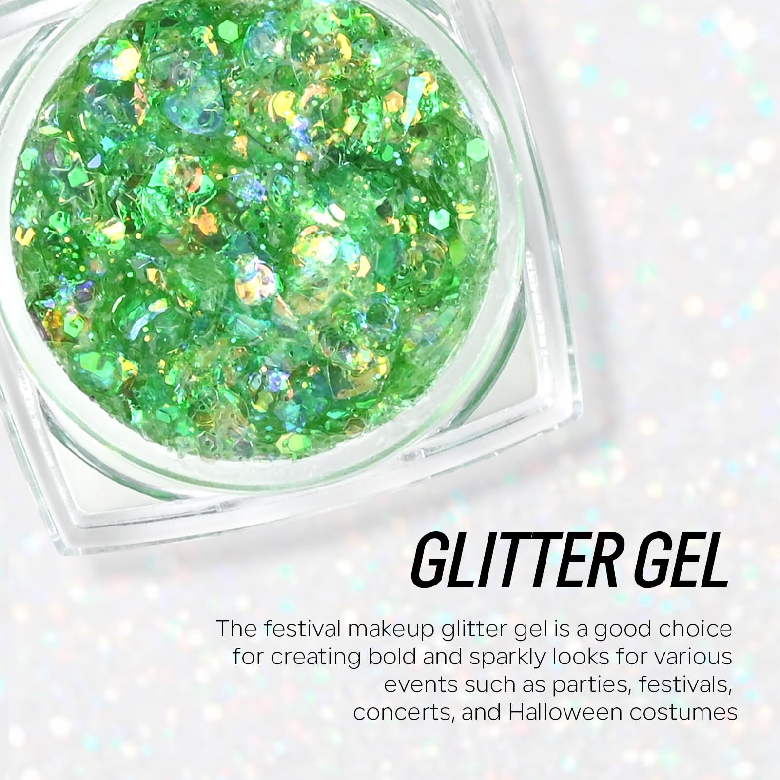 Freeorr Green Face And Body Hair Glitter Gel, Party Concerts Cheer Face Paint Holographic Chunky Festival Rave Accessories Glitter Makeup, 6 Kinds Of Sparkling Sequins For Hair Nail Eye Lip Body