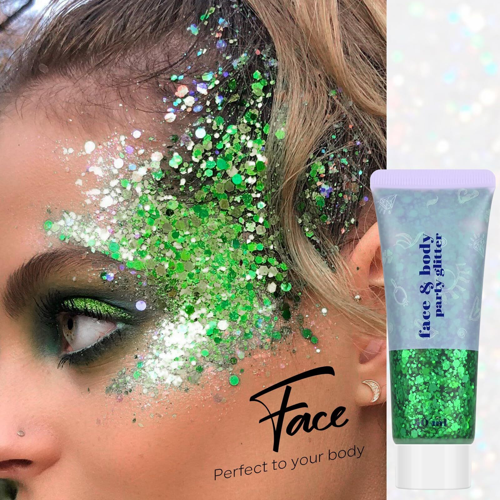 Freeorr Green Face And Body Hair Glitter Gel, Party Concerts Cheer Face Paint Holographic Chunky Festival Rave Accessories Glitter Makeup, 6 Kinds Of Sparkling Sequins For Hair Nail Eye Lip Body
