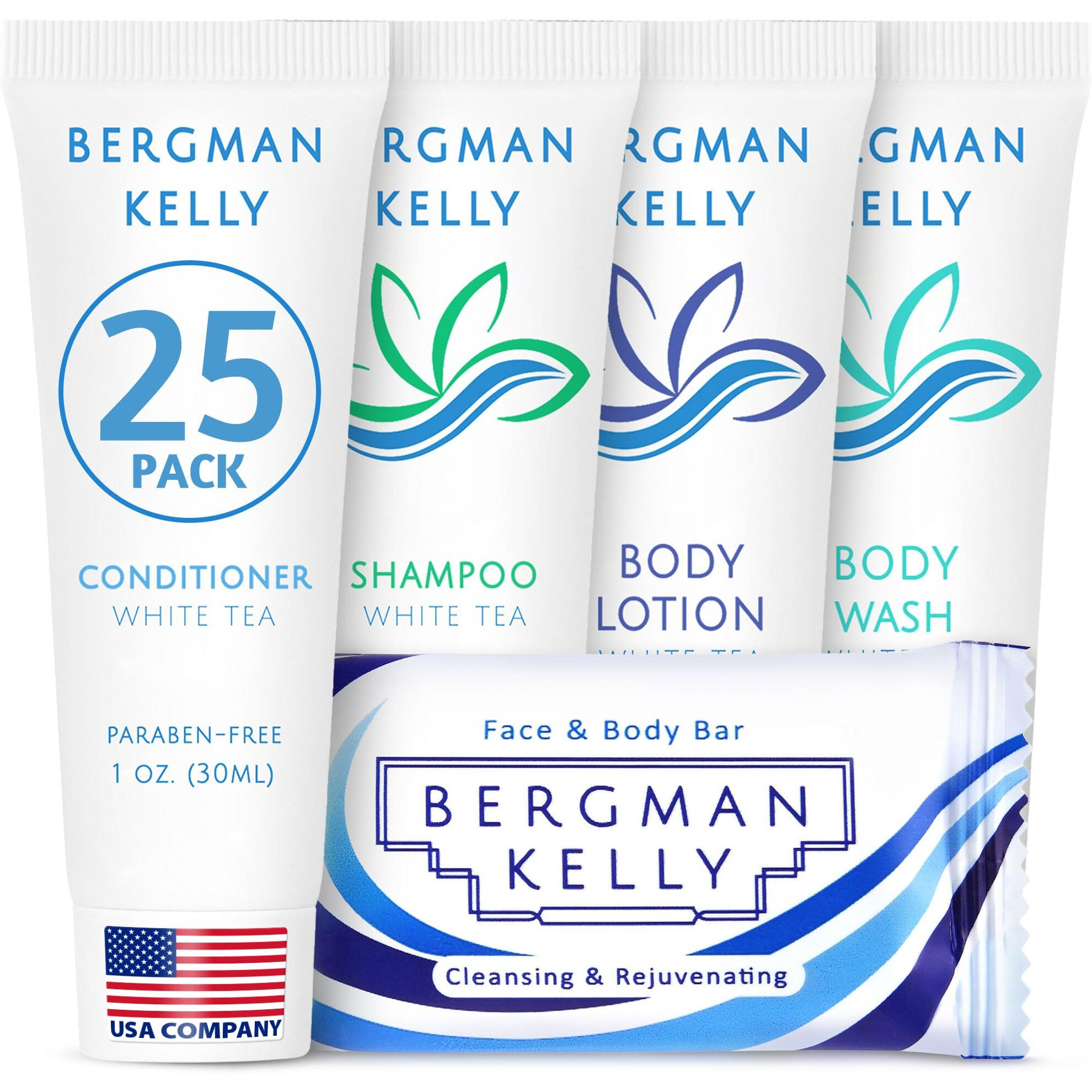 Bergman Kelly - Hotel Toiletries Bundle - White Tea, 1 Oz Ea, 125 Pieces - 5-Piece Set 25 Ea Rectangular Bar Soap, Shampoo, Conditioner, Body Lotion & Body Wash - Bulk Mini Guest Amenities