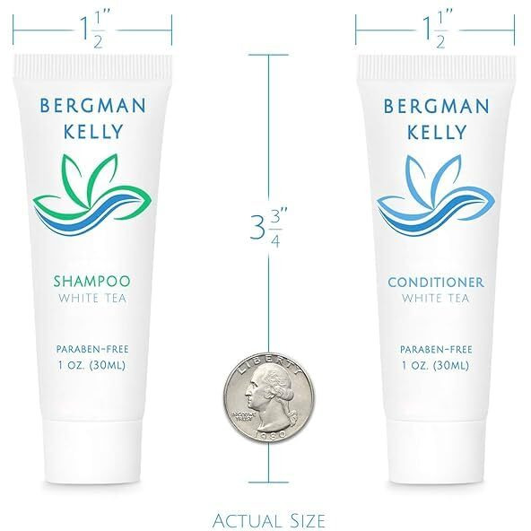 Bergman Kelly - Hotel Toiletries Bundle - White Tea, 1 Oz Ea, 125 Pieces - 5-Piece Set 25 Ea Rectangular Bar Soap, Shampoo, Conditioner, Body Lotion & Body Wash - Bulk Mini Guest Amenities