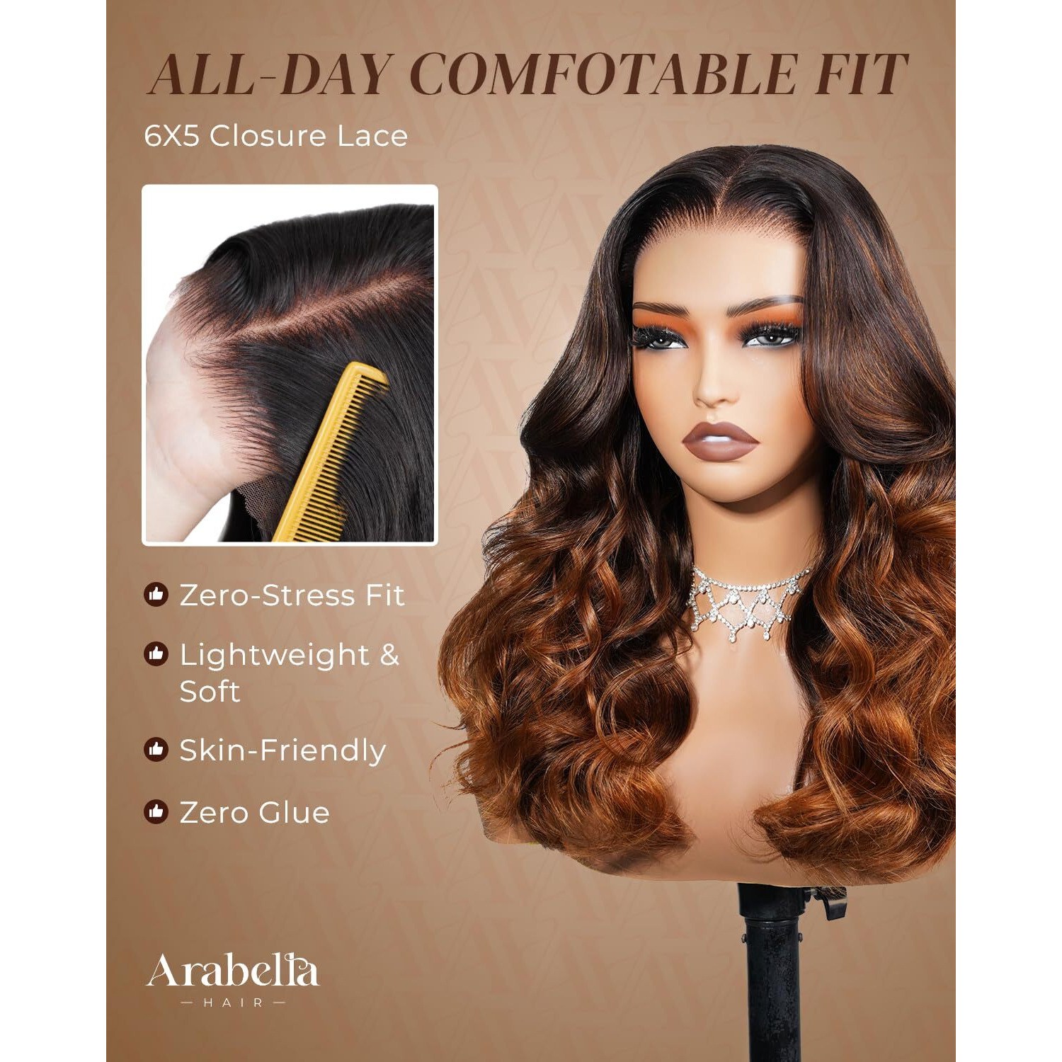 Arabella 5X6 Glueless Wigs N51 Human Hair Pre Plucked Pre Cut 230% Density Glueless Wigs 100% Human Hair 12A Hair Wig Pre Plucked Bleached Knots Loose Body Wave Wig 20Inch
