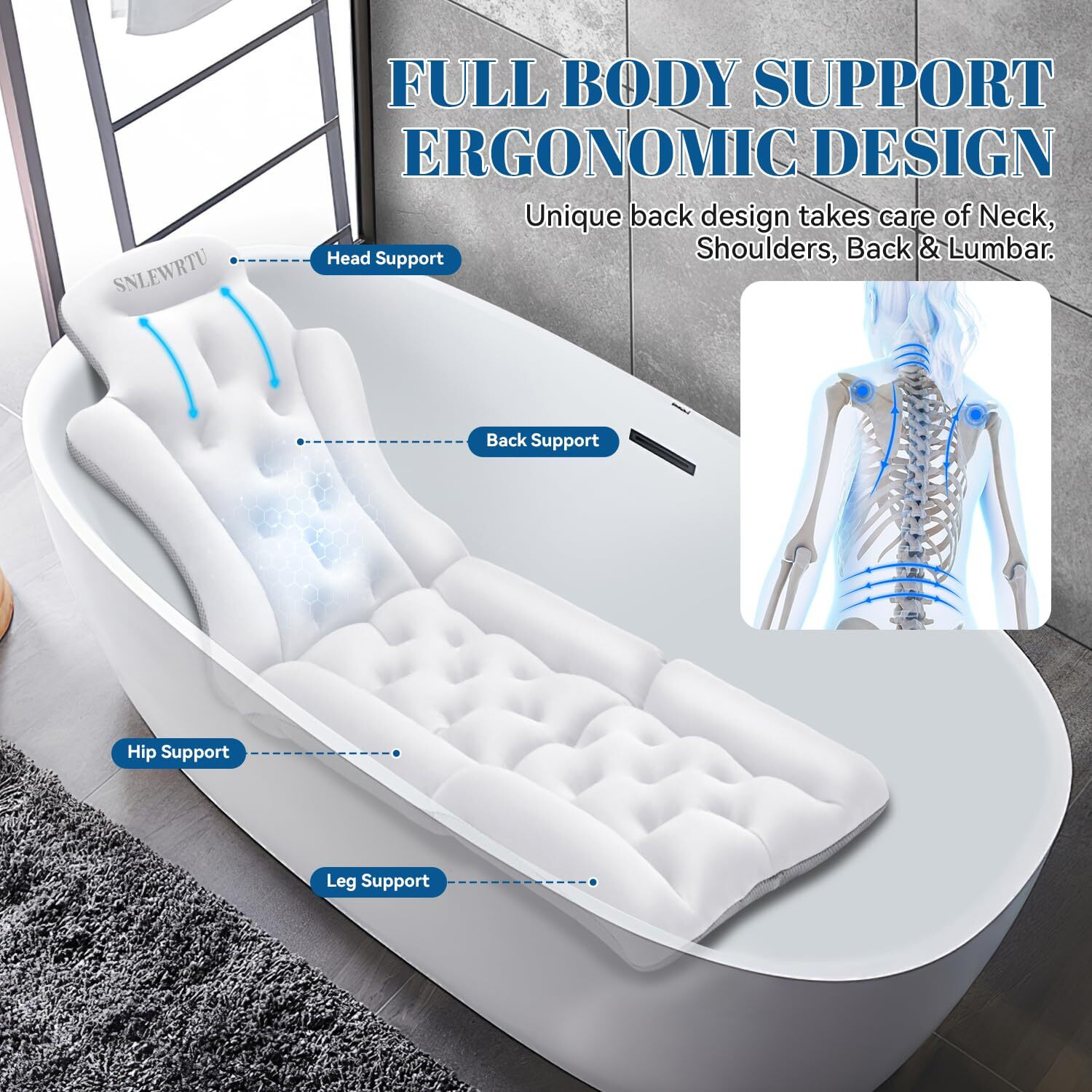 Full Body Bath Pillow For Bathtub, Thick & Luxury Bathtub Cushion With 192 Suction Cups, Bathtub Pillows For Head & Neck, Back Support, Ideal Bath Accessories For Women' Gifts Spa, Soaking, Tub