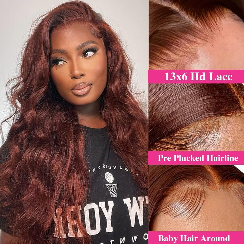 13X6 Body Wave Lace Front Wigs 250% Density 33 Reddish Brown Human Hair Wigs Glueless Hd Lace Frontal Wigs Natural Hairline Bleached Knots Max Parting Human Hair Wigs For Women 24 Inch