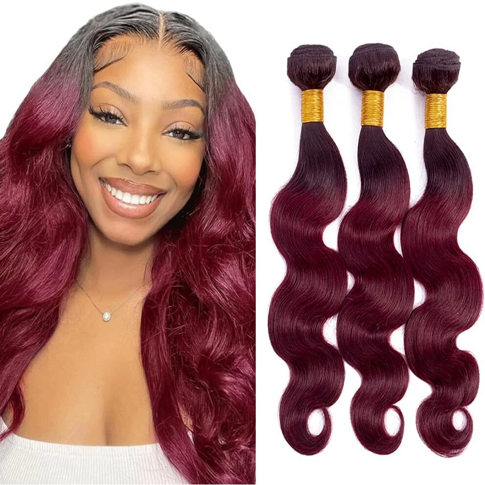 Niciitysi Color 1B99J Human Hair Wine Red Body Wave Bundles Ombre Two Tone Black And Burgundy Bundles Double Weft Brazilian Hair Extensions Soft And Silky 26 28 30 Inch
