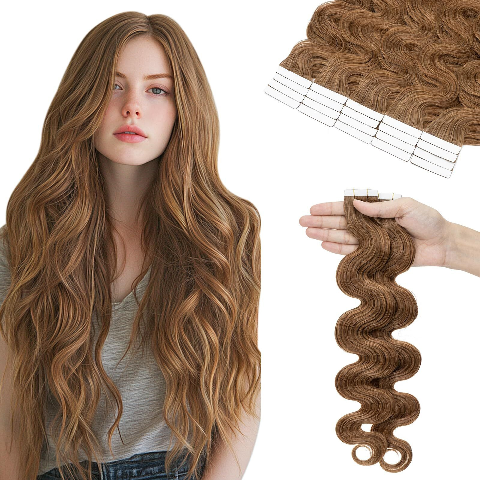 Hairro Tape In Human Hair Extensions Body Wave 24 Inch 20Pcs 50G/Pack Blondish Brown Long Wavy Seamless Skin Weft Glue In Human Hairpieces With Invisible Double Sided Tape