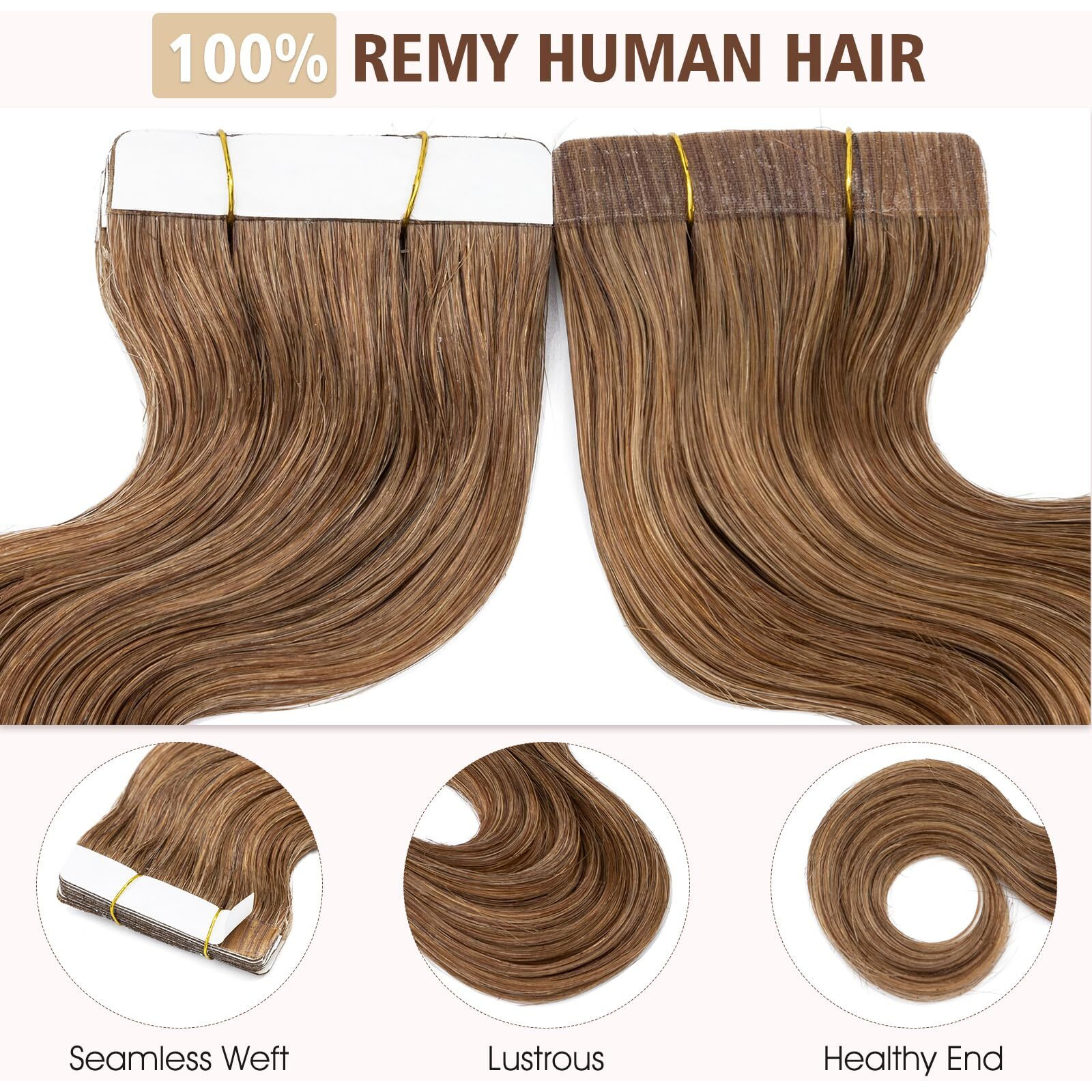 Hairro Tape In Human Hair Extensions Body Wave 24 Inch 20Pcs 50G/Pack Blondish Brown Long Wavy Seamless Skin Weft Glue In Human Hairpieces With Invisible Double Sided Tape