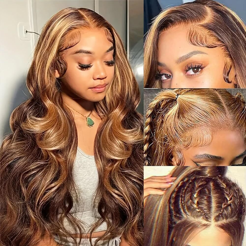 Honey Blonde Ombre Lace Front Wig Human Hair Highlight Wig Human Hair 4/27 Colored Body Wave Hd Lace Frontal Wigs Human Hair Pre Plucked 200 Density Glueless 13X6 Lace Frontal Wig For Women(22 Inch)