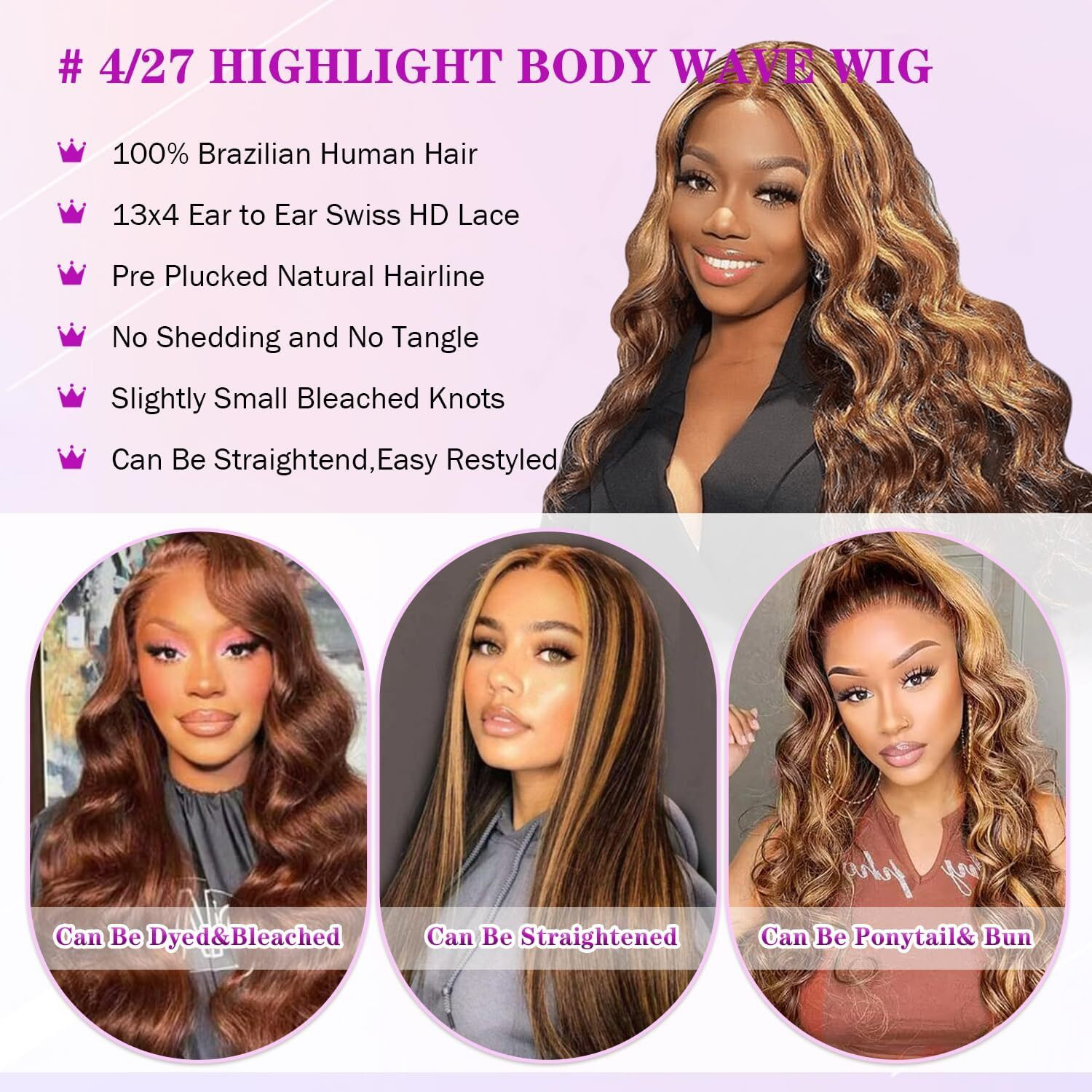 Honey Blonde Ombre Lace Front Wig Human Hair Highlight Wig Human Hair 4/27 Colored Body Wave Hd Lace Frontal Wigs Human Hair Pre Plucked 200 Density Glueless 13X6 Lace Frontal Wig For Women(22 Inch)