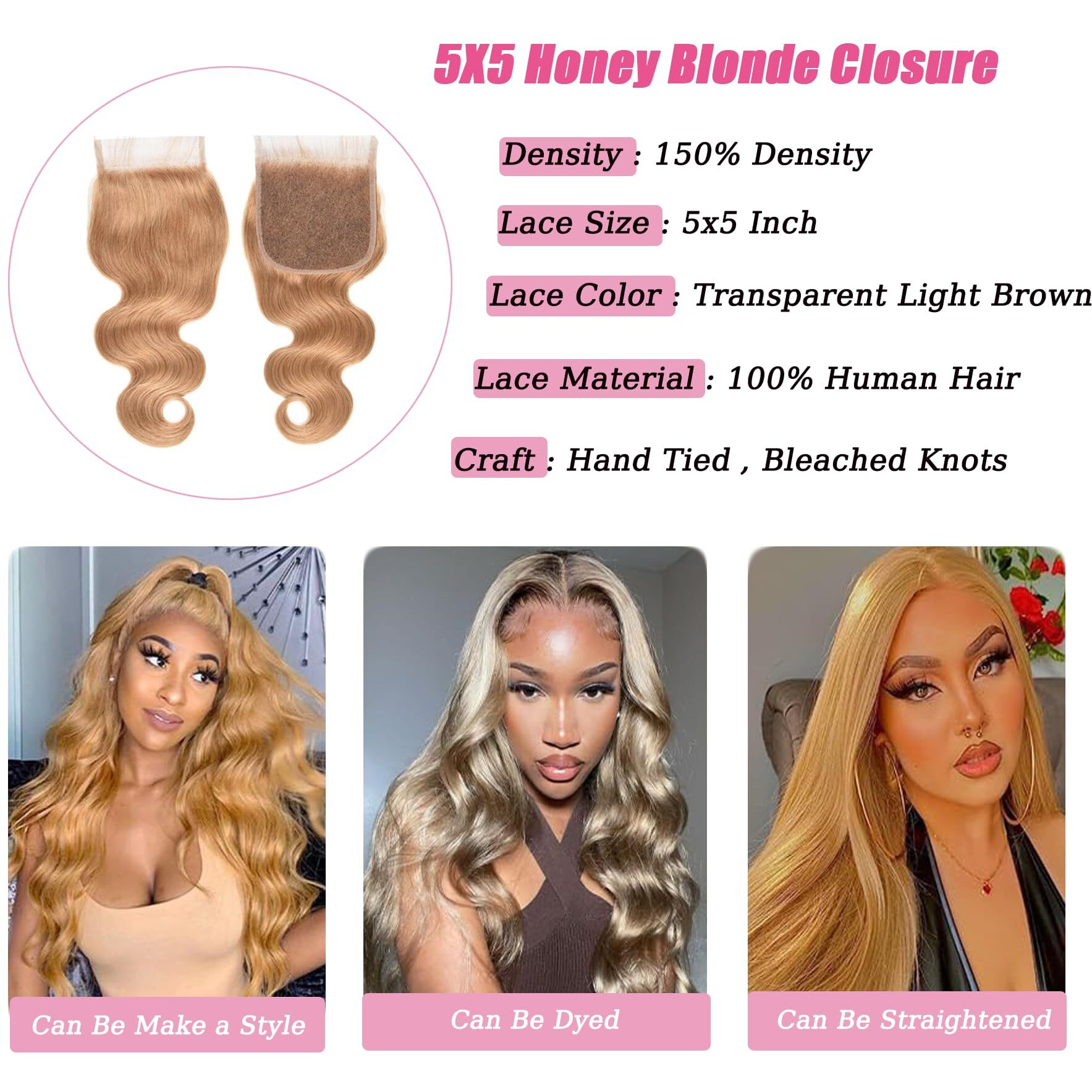 5X5 Honey Blonde Closure Human Hair Transparent Lace 27 Color Body Wave Closure Free Part Bleached Konts Raw Remy Hair Pre Plucked With Babyhair 20 Inch
