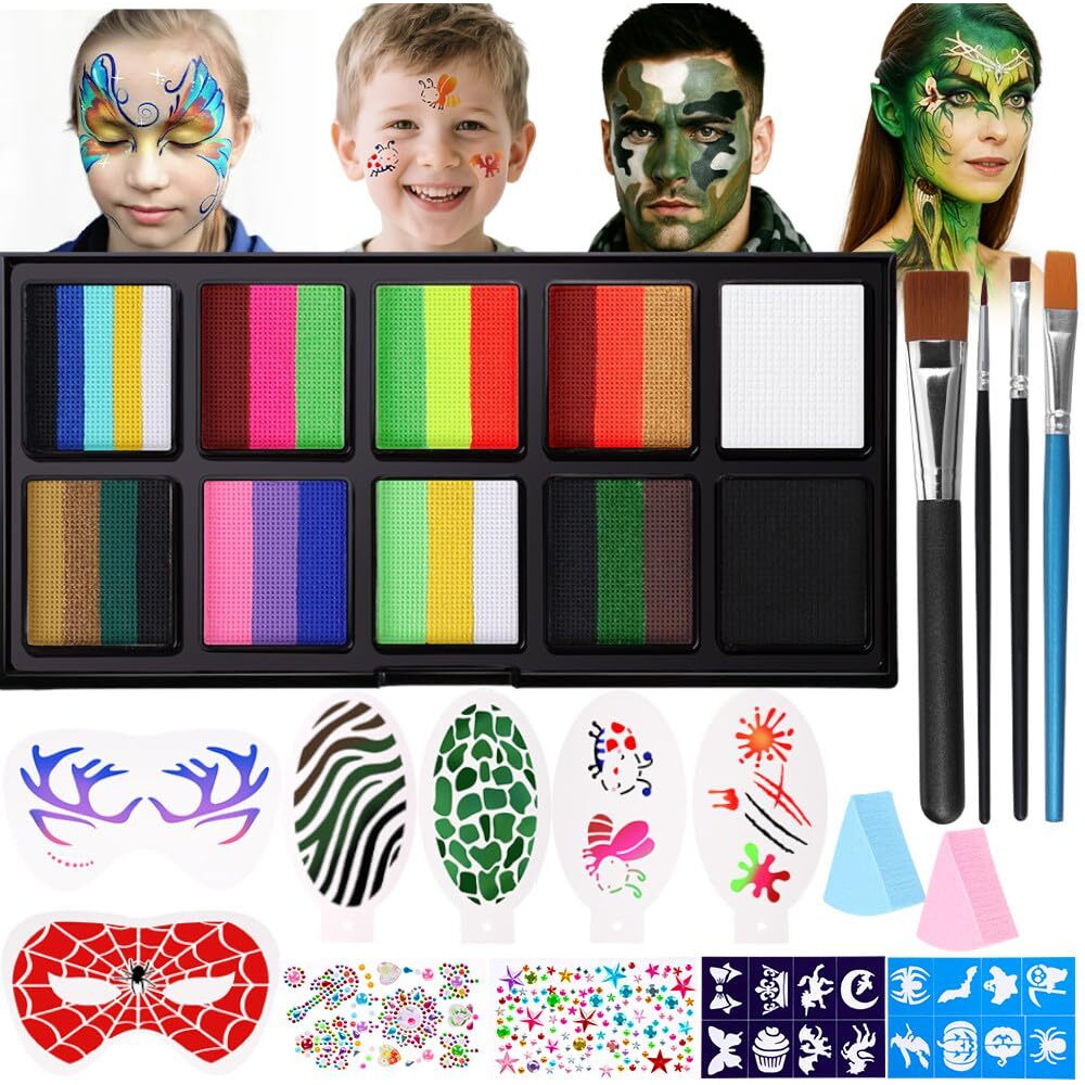 Janolia Face Painting Kit For Kids, Camo Face Paint Kit, Water Activated Face Paint, Rainbow Split Cake Face Body Paint, Ideal Facepaint Makeup Kit For Kids Party Cosplay Halloween Easter Carnival