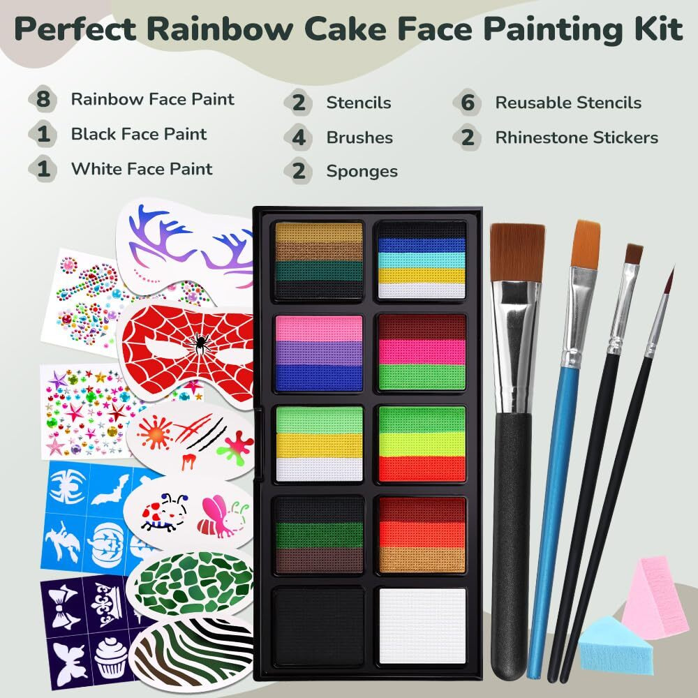 Janolia Face Painting Kit For Kids, Camo Face Paint Kit, Water Activated Face Paint, Rainbow Split Cake Face Body Paint, Ideal Facepaint Makeup Kit For Kids Party Cosplay Halloween Easter Carnival