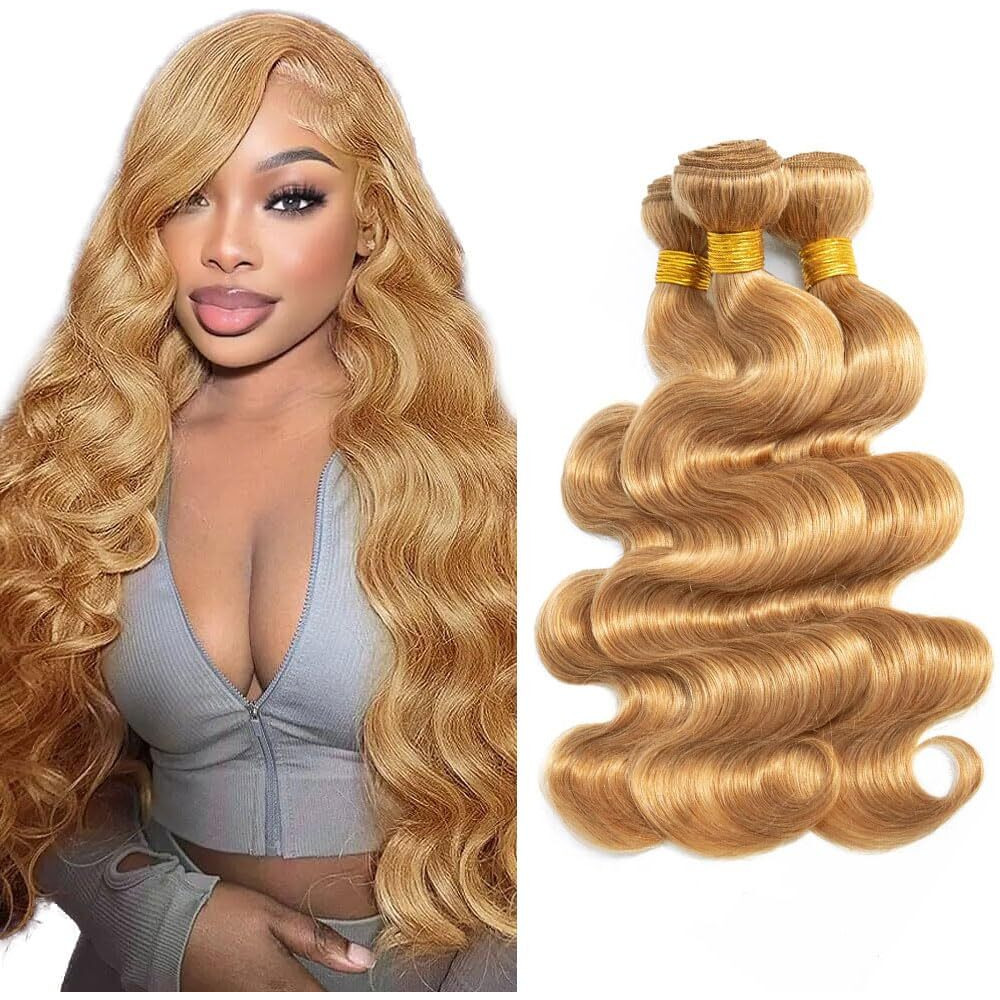 27 Bundles Human Hair Honey Blonde Body Wave Bundles Brazilian Unprocessed Virgin Hair 14 16 18 Inch Color 27 Body Wave Bundles