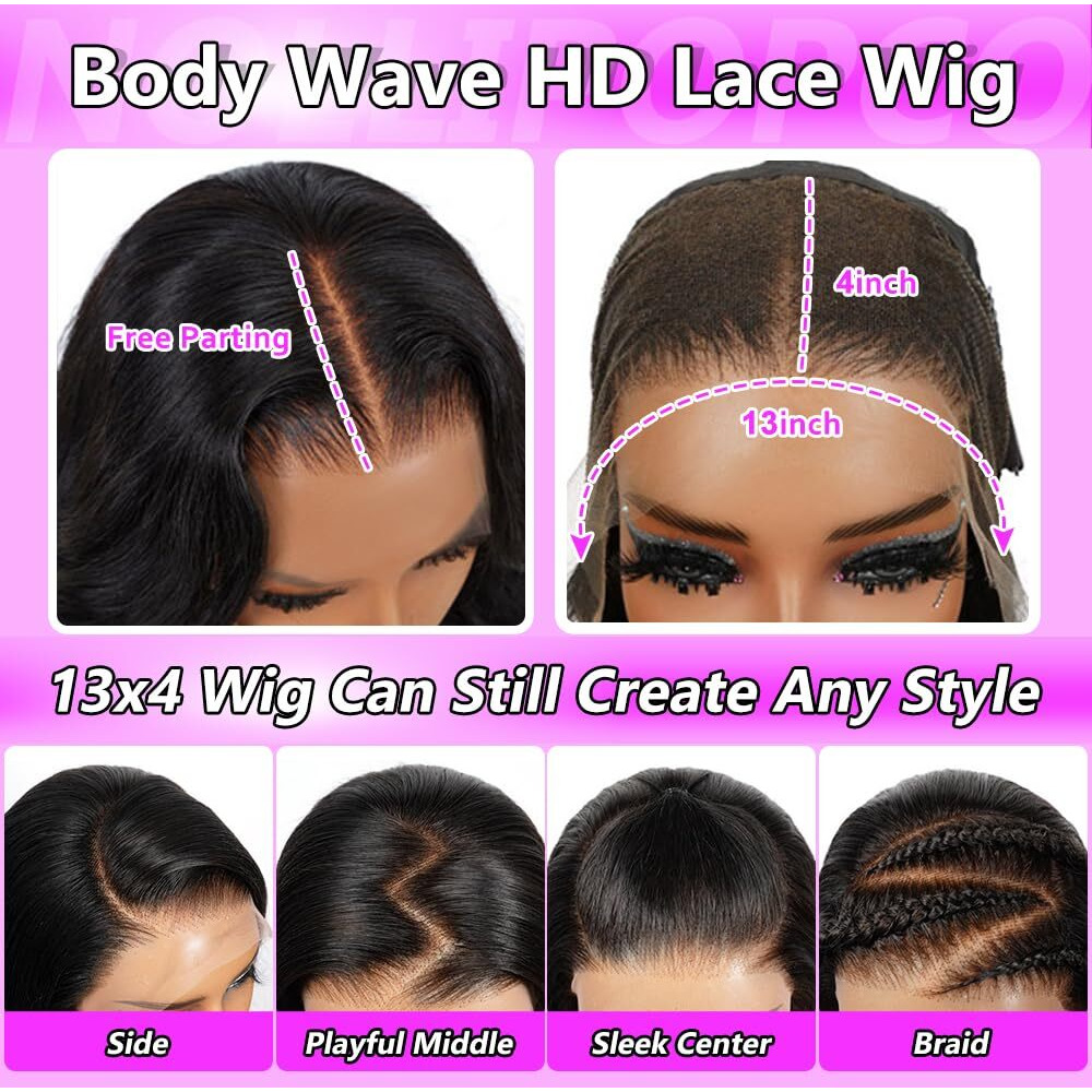 Nollipopco Body Wave Lace Front Wigs Human Hair 200 Density Hd 13X4 Lace Front Wigs Human Hair Pre Plucked Black Wig Human Hair For Black Women[26Inch,Natural Black]
