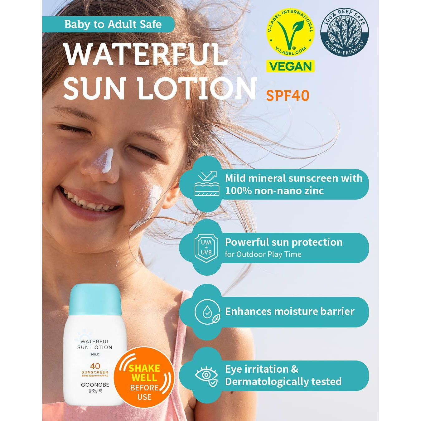 Goongbe Sun Lotion Spf 40 & Baby Soothing Water Gel Cream - Zinc Oxide Mineral Sunscreen & Cooling Moisturizer - Korean Skincare For Babies Kids - Hypoallergenic Formula, 2.82Oz & 3.38Oz