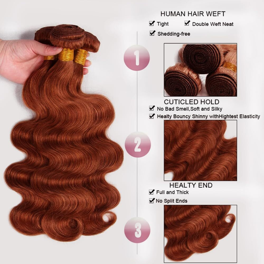 Copper Red Bundles Human Hair Reddish Brown Body Wave Bundles Color 33 Bundle Human Hair Unprocessed Virgin Hair 1 Bundle 28 Inch