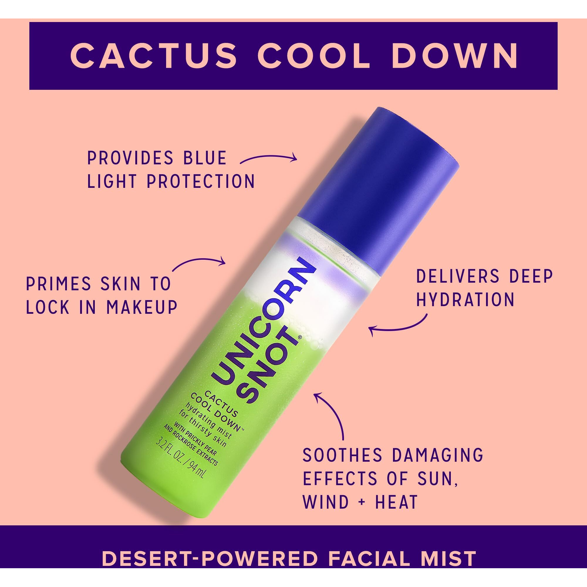 Unicorn Snot Cactus Cool Down After Sun Soothing Spray - Hydrating Facial Mist, Makeup Primer & Blue Light Shield - Cooling Spray With Aloe, Jojoba & Prickly Pear