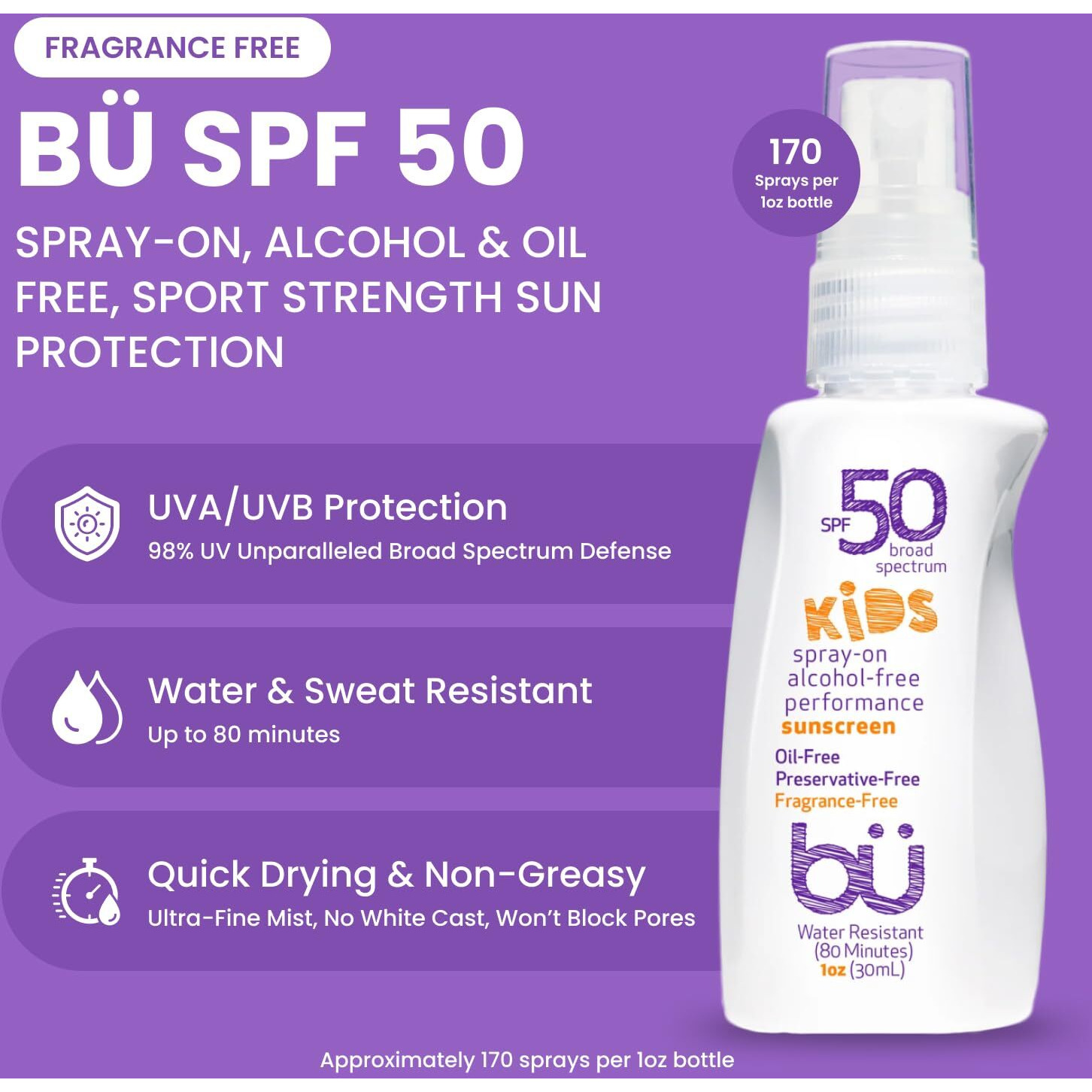 Bu Spf 50 Sunscreen Spray - Nature's Sun Block. Biodegradable. Water Resistant. Tsa Approved. Vegan. Alcohol & Cruelty Free | Fragrance Free Kids - 1 Oz (3 Pack)