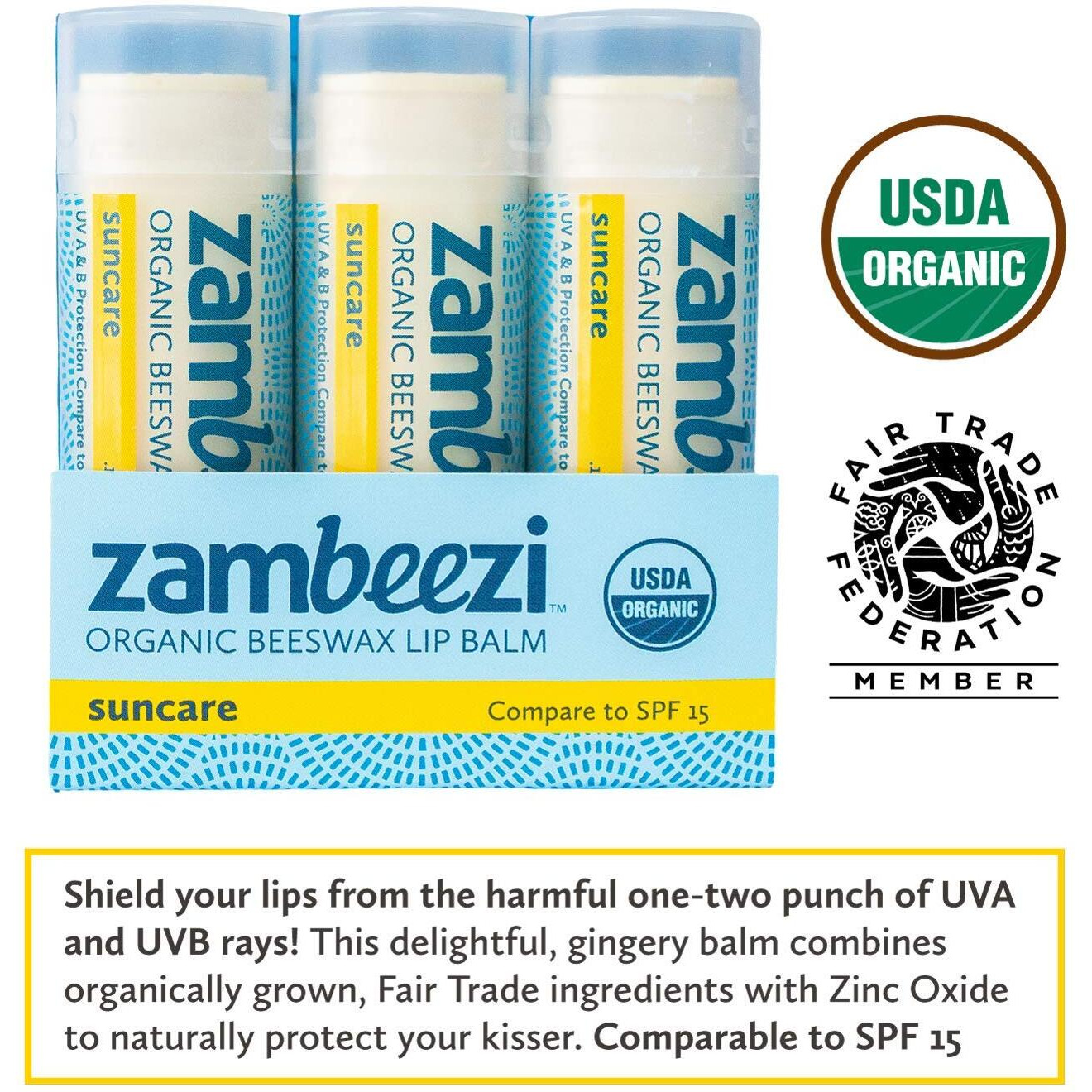 Zambeezi Organic, Fair Trade Beeswax Lip Balm - Suncare 3 Pack - Mineral Based Zinc Oxide Sun Protection - Ethically Sourced