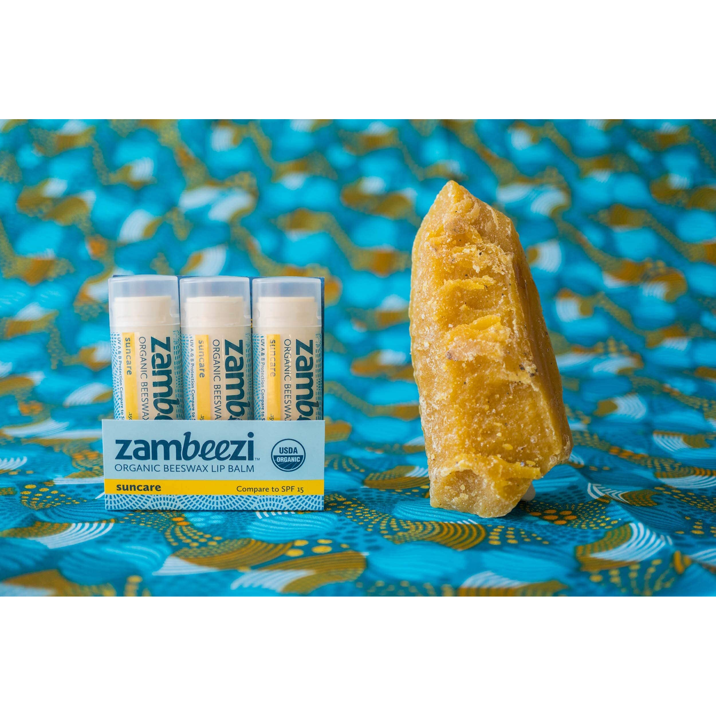 Zambeezi Organic, Fair Trade Beeswax Lip Balm - Suncare 3 Pack - Mineral Based Zinc Oxide Sun Protection - Ethically Sourced