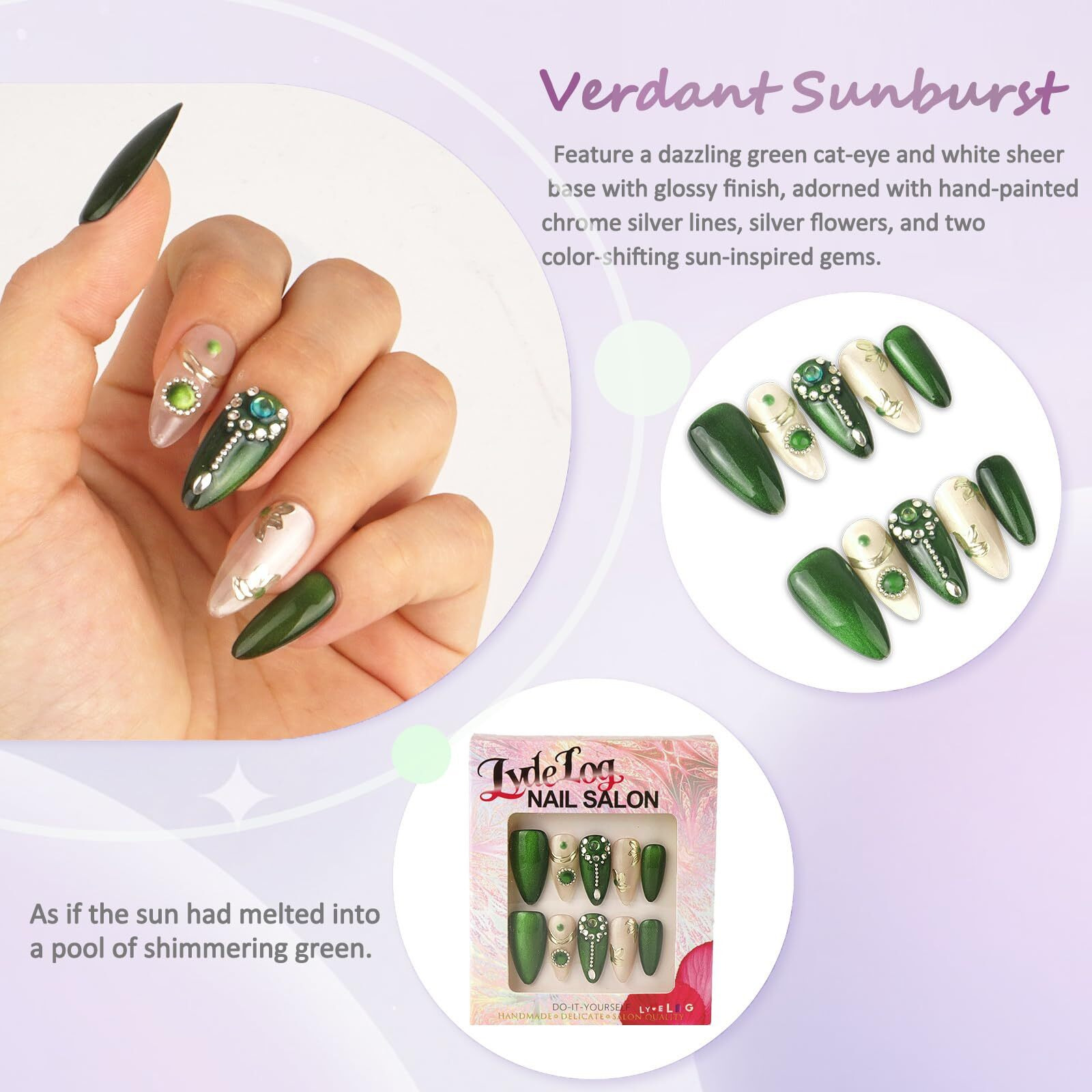 Lydelog Handmade Press On Nails, Medium Almond Hand-Painted False Nails With Jelly Glue, Salon Quality Nail Art Sets In Almond Nails 10 Pcs (Verdant Sunburst, S)