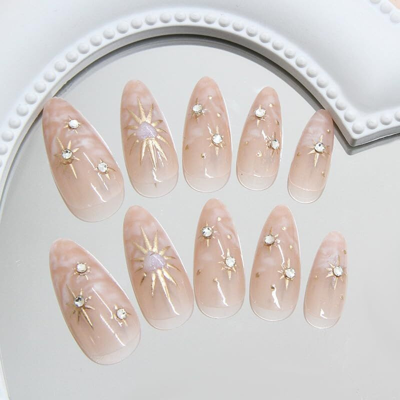 Xzmeilun 3D Sun Stars Gold Press On Nails Almond Short, Gold Charms Designer Reusable Acrylic Nails Press Ons, Fake Nails With Cute Charms Glue On Nails, Daily Wear False Nails For Women