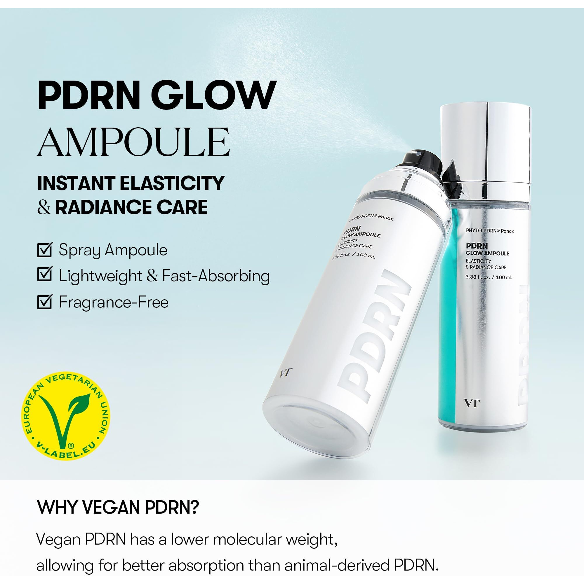 Vt Cosmetics Pdrn Glow Ampoule, Pdrn Facial Mist, Deep Hydration Spray Serum, Vegan Skin Care, Light-Weight Face Moisturizer, Plumping Effect, Fragrance-Free, Korean Skincare (3.38 Fl Oz / 100 Ml)