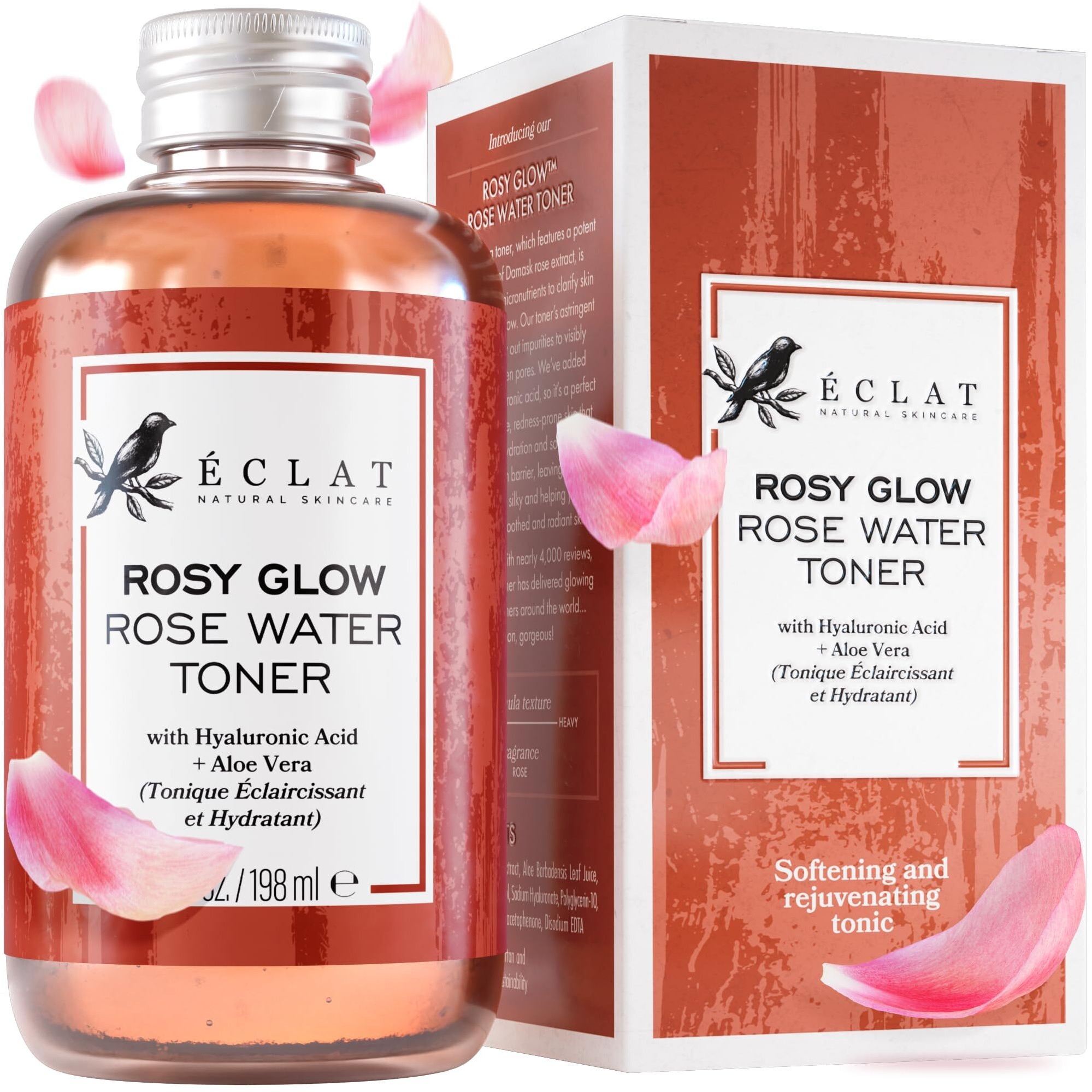 Eclat Skincare Rose Water Toner - Hydrating Toner For Face - Rosewater With Hyaluronic Acid & Aloe Vera - Alcohol Free & Skin Soothing Formula - Rejuvenating & Calming Facial Skin Care