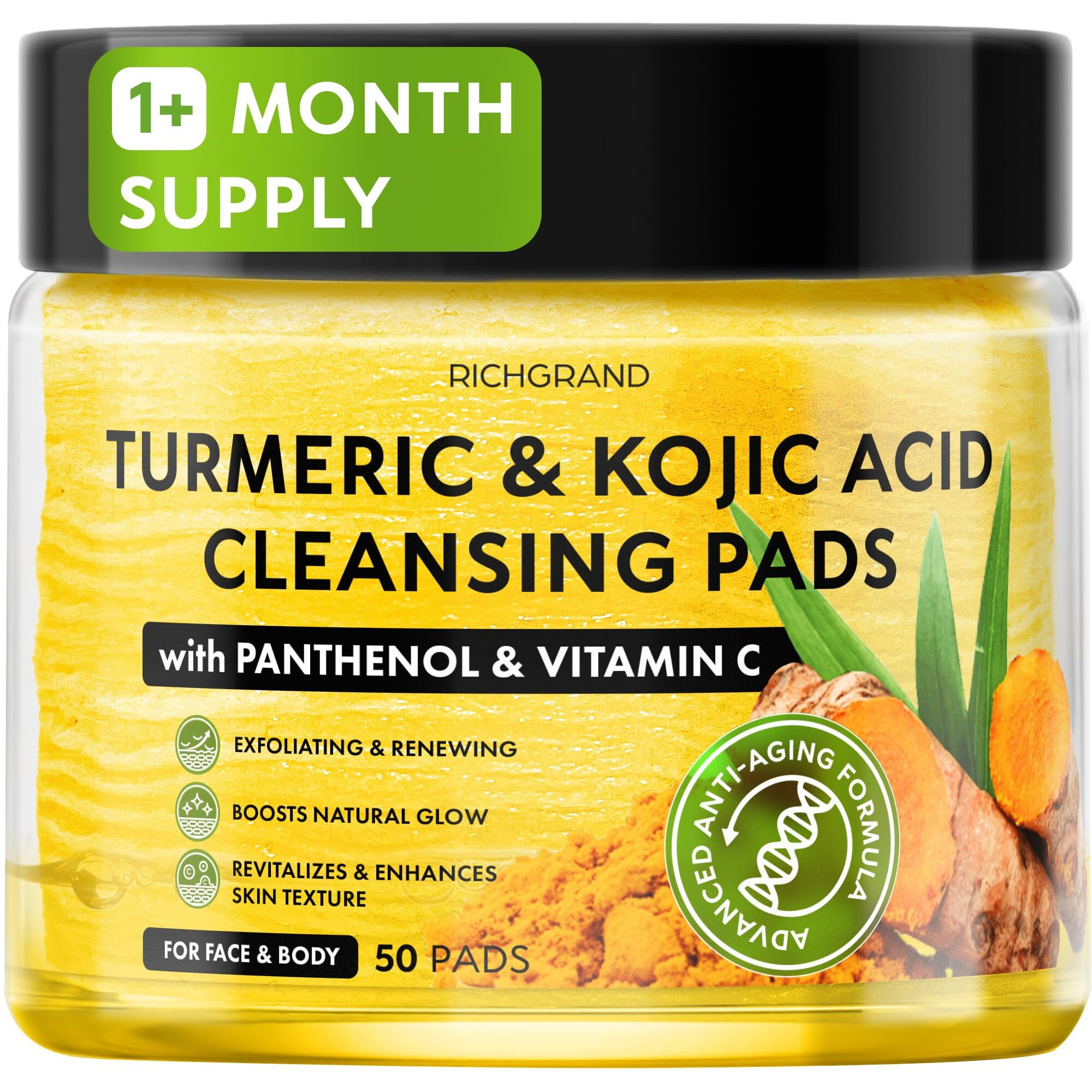 Turmeric Kojic Acid Cleansing Pads - Exfoliating Turmeric Pads For Face Dark Spots, Discoloration And Sensitive Skin Care - Natural Radiance Facial Wash