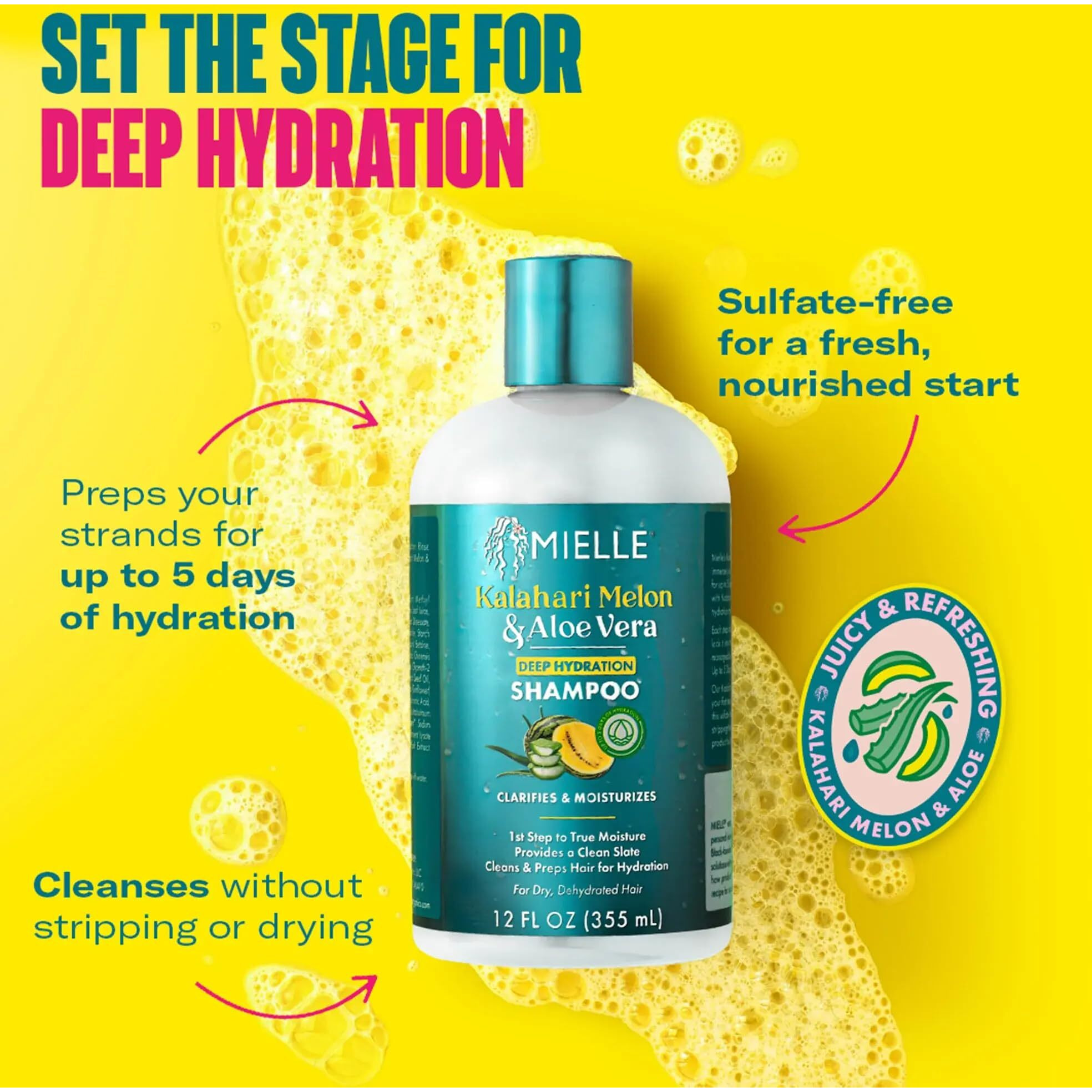 Mielle Kalahari Melon & Aloe Vera Deep Hydration Shampoo - Sulfate Free Cleanser For Dry, Curly And Textured Hair - Removes Buildup & Delivers Up To 5 Days Of Moisture (12 Fl Oz)