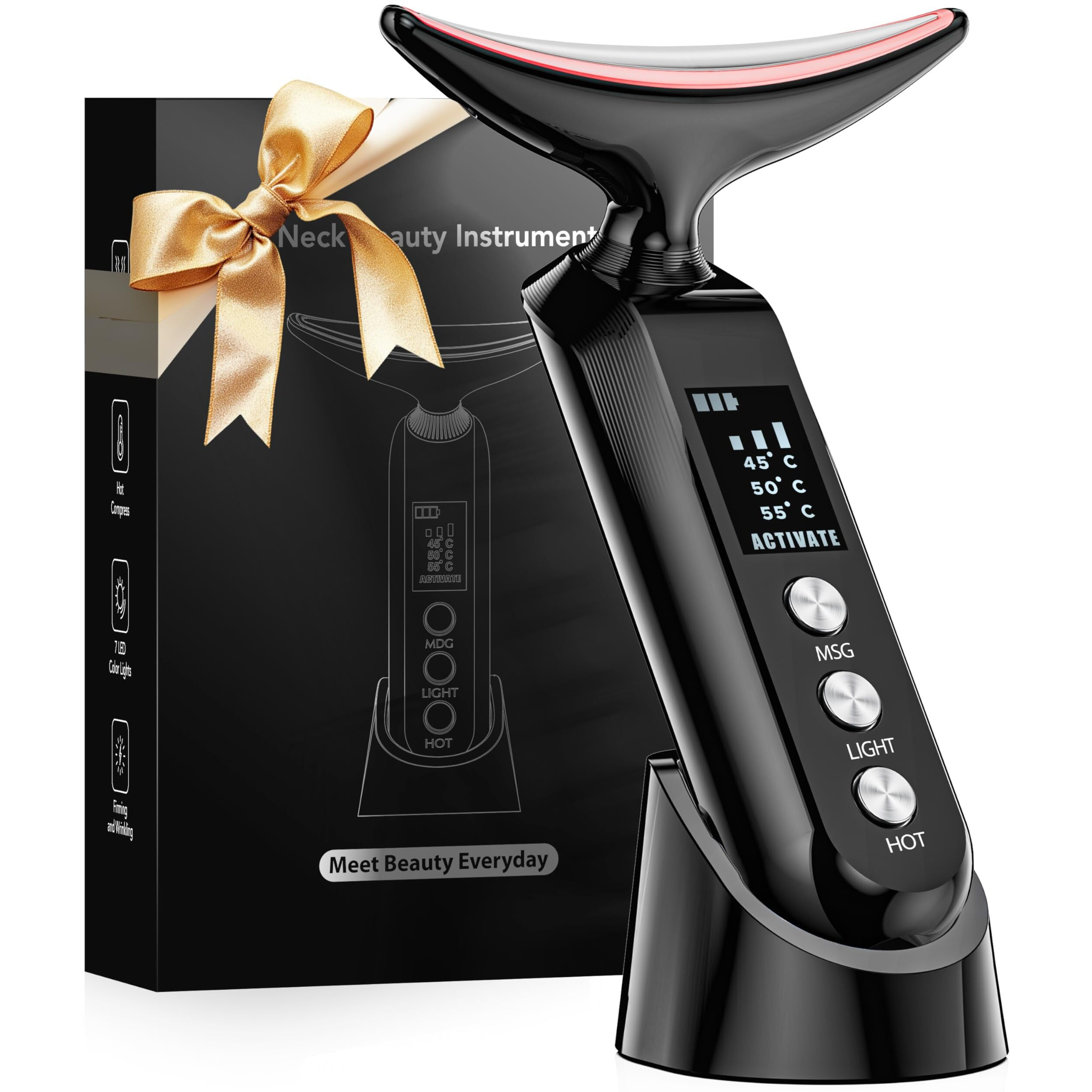 2025 Upgraded Facial Neck Massager Portable Charging Dock - 3 Heat Settings, Vibrating Face Massage, 9-Color Led Light & 72Hrs Battery | Home Spa Travel Skincare - Black